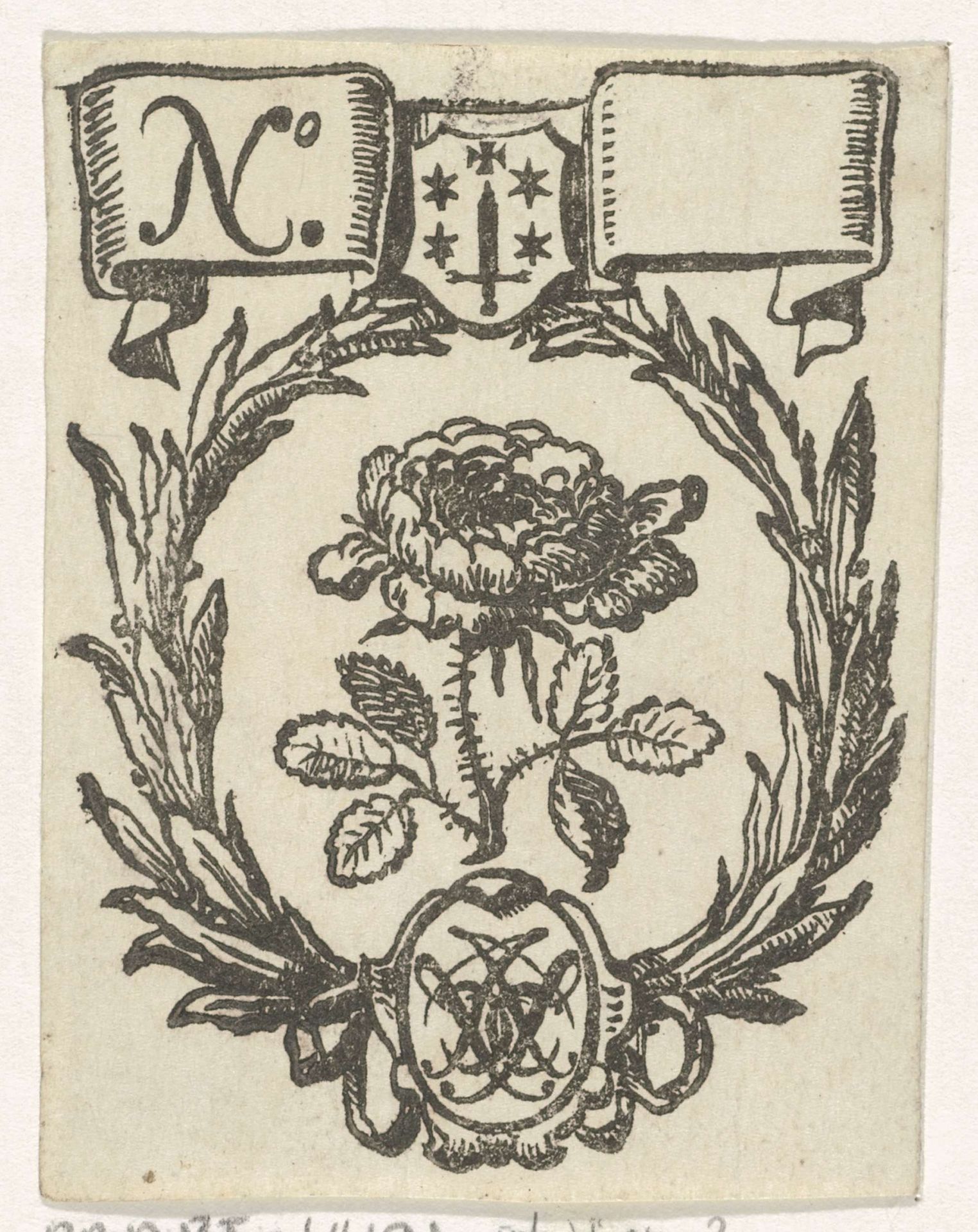 Handelsetiket met een roos, het wapen van de stad Haarlem en een monogram by Anonymous