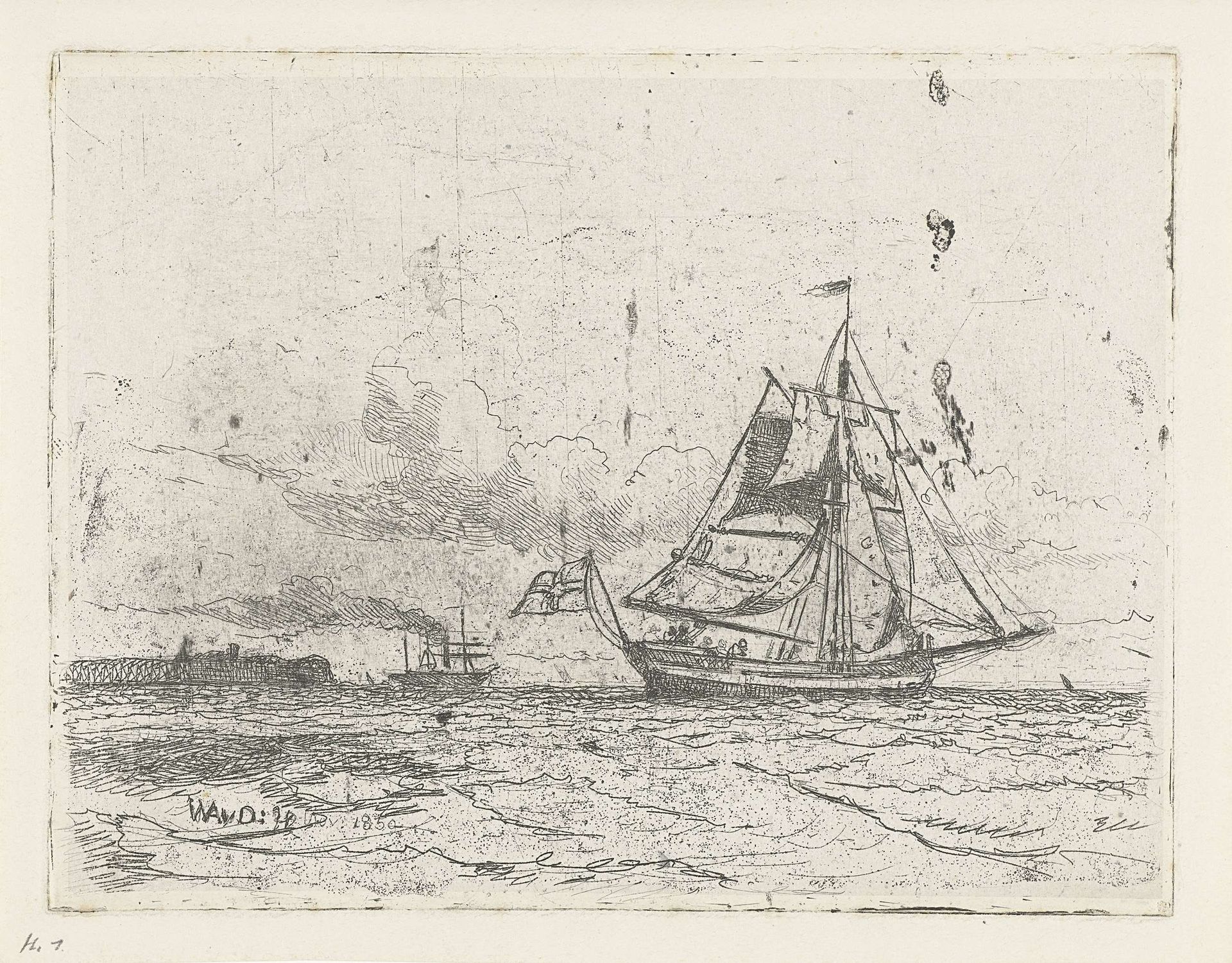 Zeegezicht met zeilschip by Willem Anthonie van Deventer