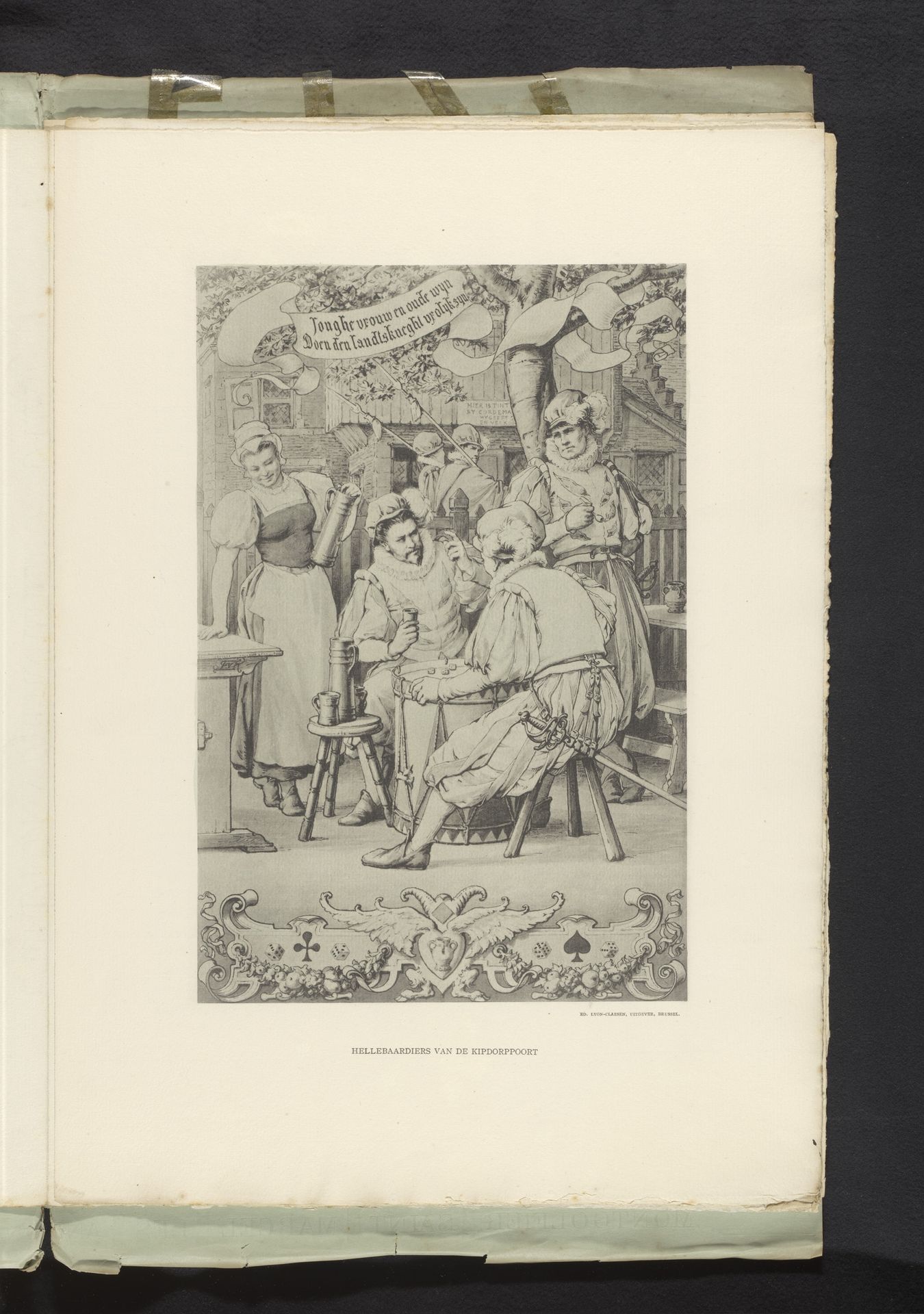 Reproductie van een tekening van hellebaardiers in Oud-Antwerpen op de Wereldtentoonstelling van 1894 in Antwerpen, door Frans van Kuyk by Anonymous