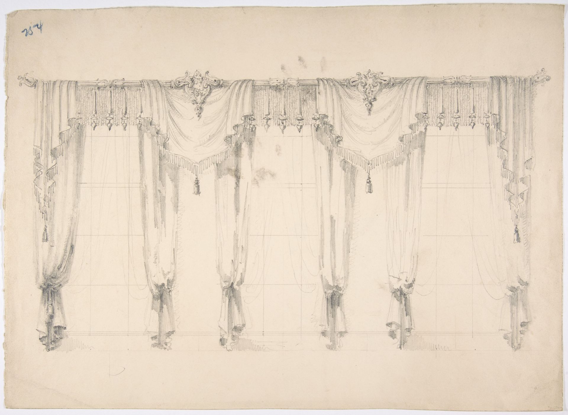 Design for Fringed Curtains Surrounding Three Windows by Anonymous