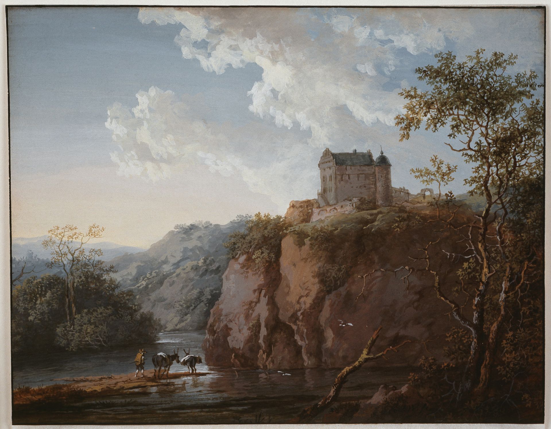 Burg auf einem Felsen über einem Flußtal by Johann Georg Wagner