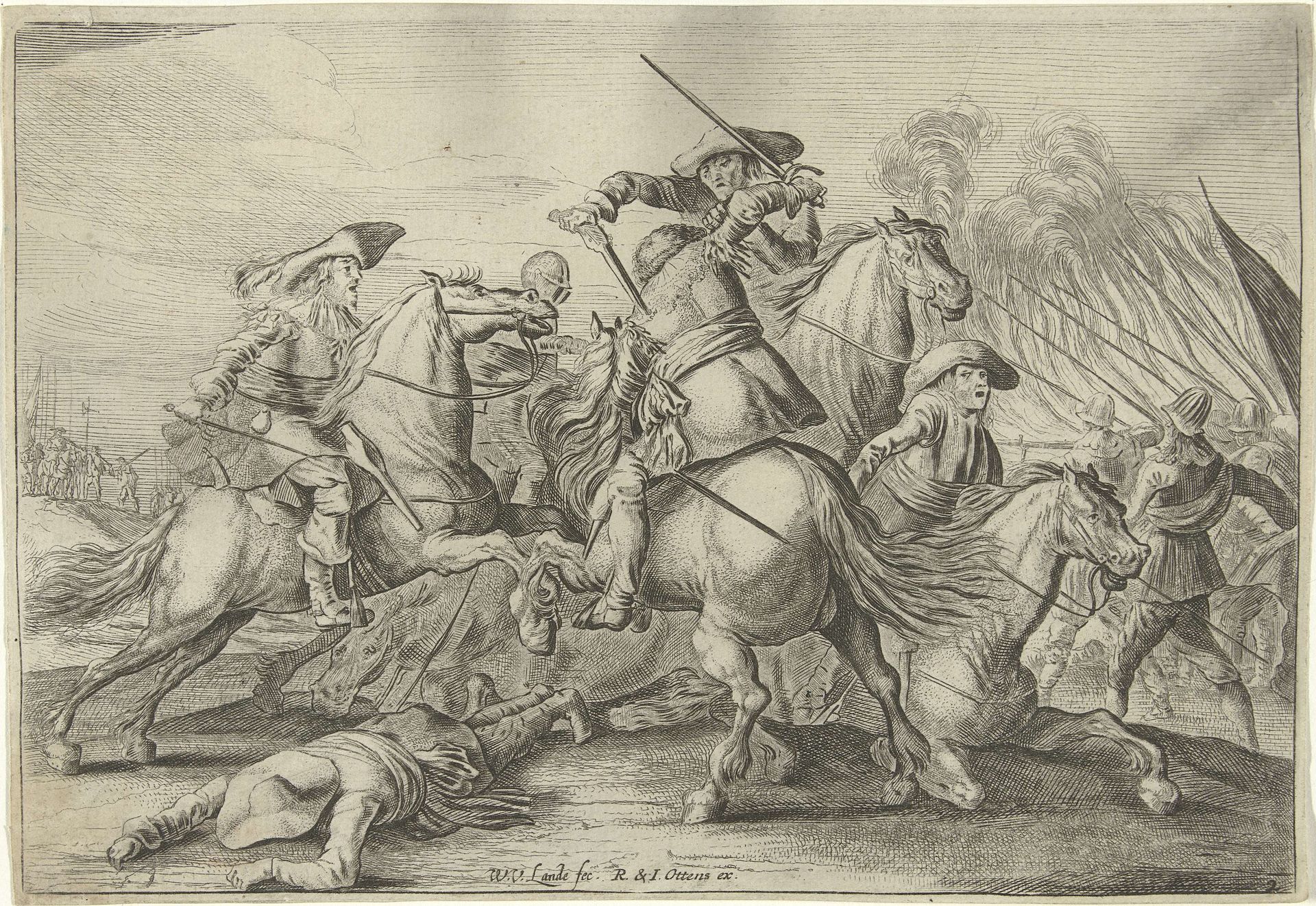 Vijf ruiters in gevecht by Willem van Lande