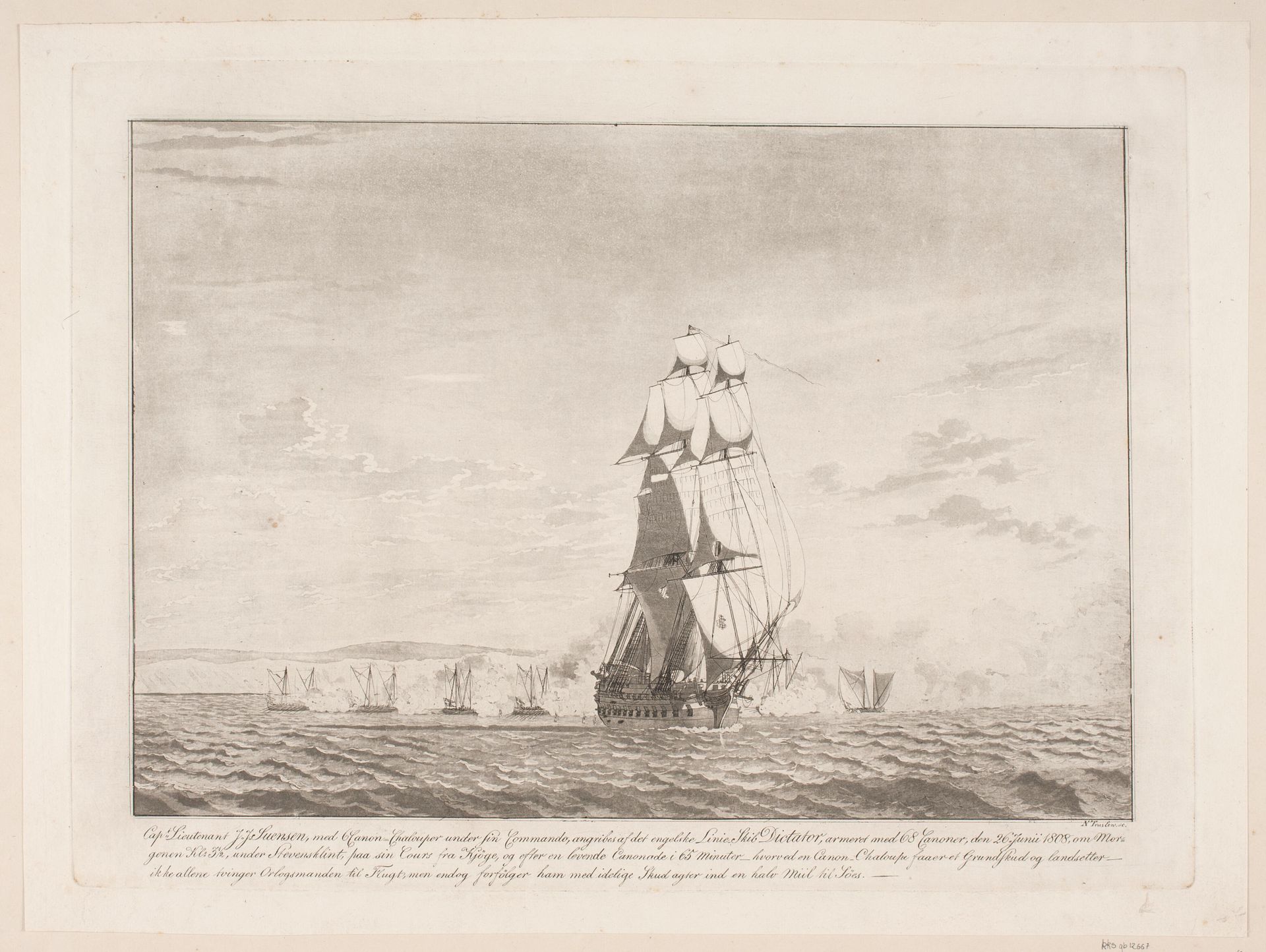 Kampen mellem 6 danske kanonbåde og det engelske linieskib Dictator, 26. juni 1808 by Niels Truslew
