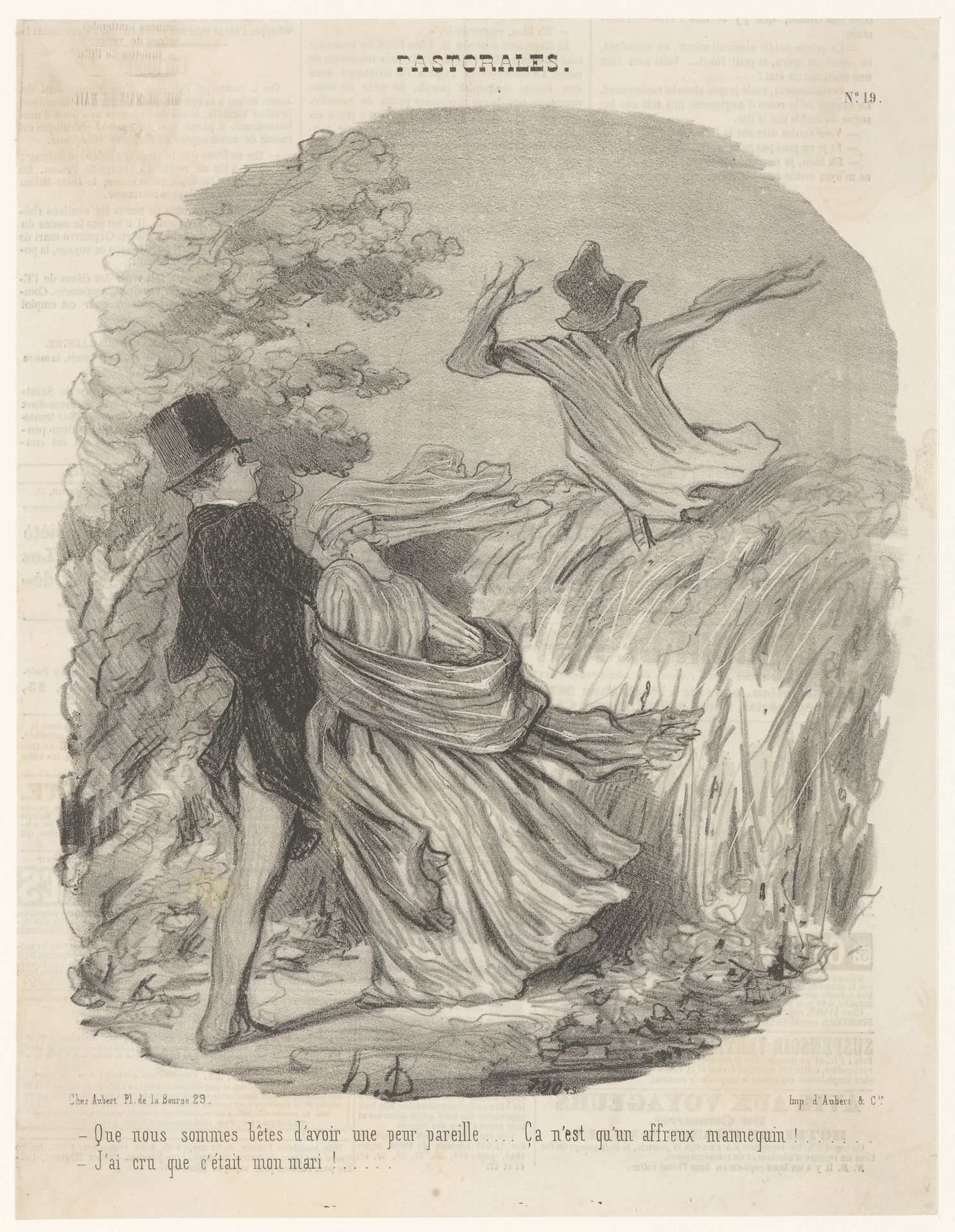 Echtpaar bij veld met vogelverschrikker by Honoré Daumier