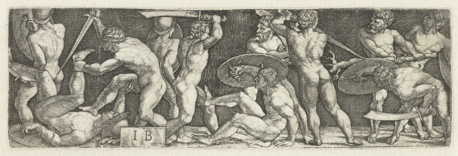 Gevecht van gladiatoren te voet by Monogrammist IB (16e eeuw)