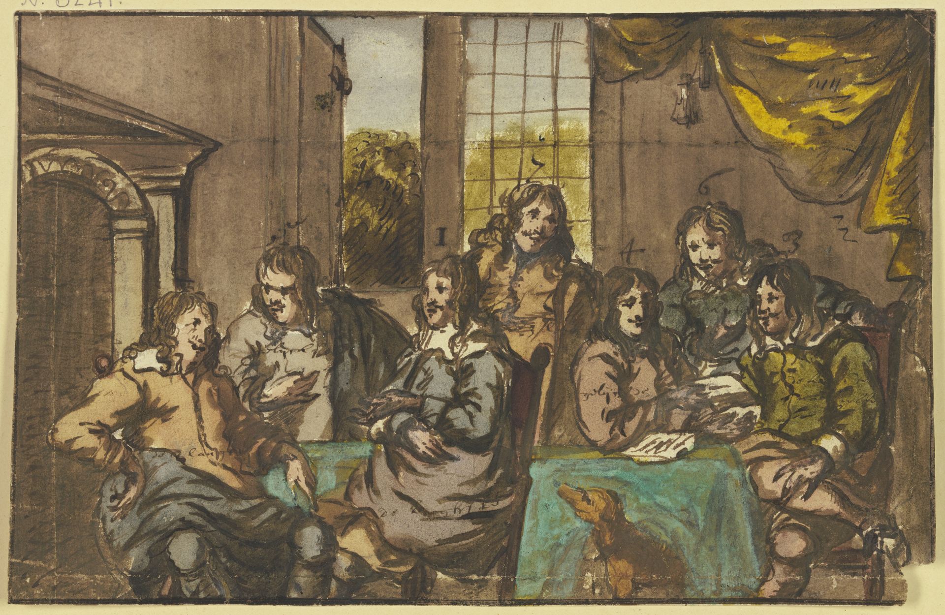 Sieben Herren in einem Zimmer um einen grünen Tisch sitzend, mit Papieren beschäftigt, dabei ein Hund by Jan van Mieris
