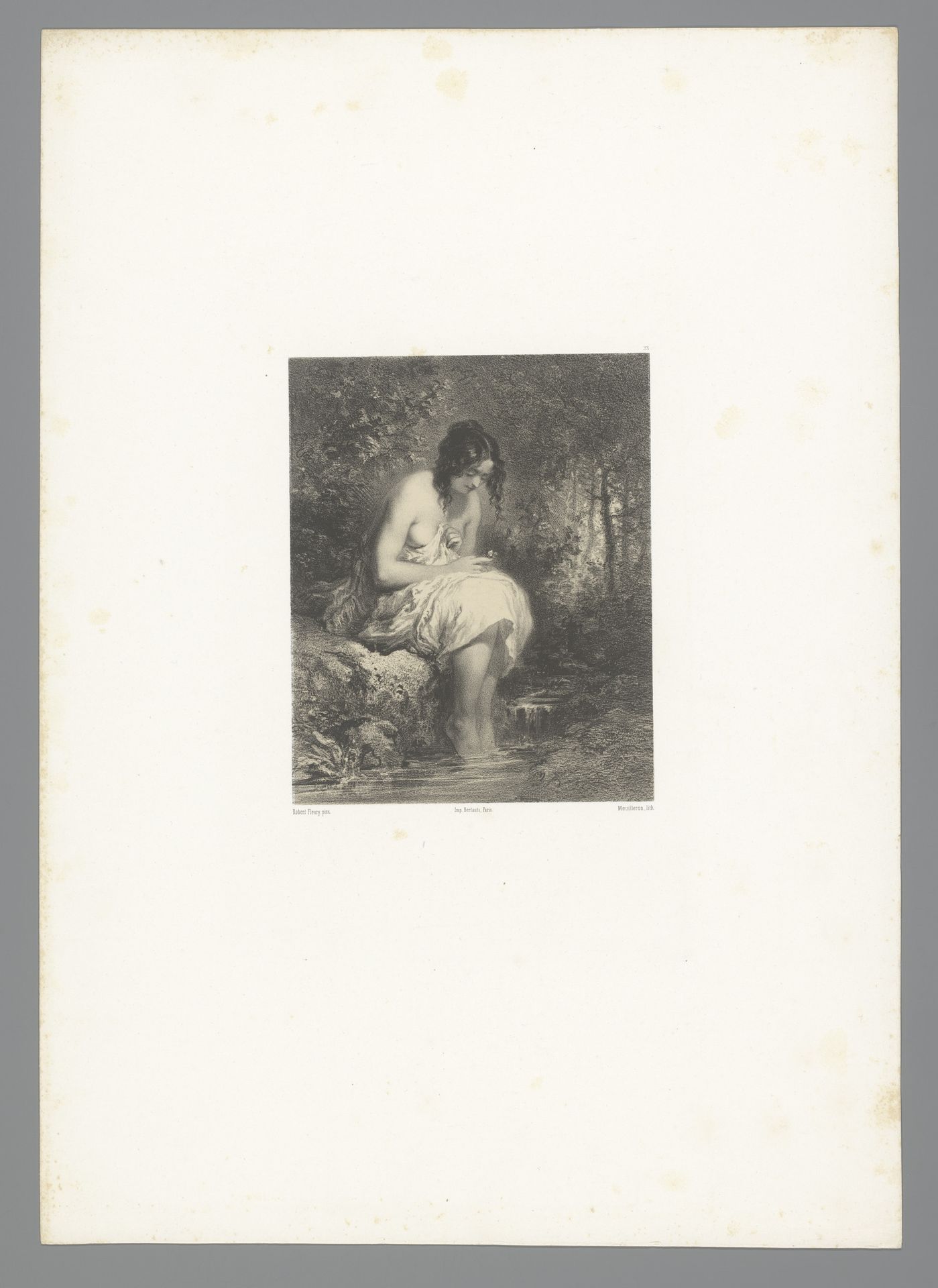 Half ontklede vrouw baadt pootje aan de waterkant by Adolphe Mouilleron