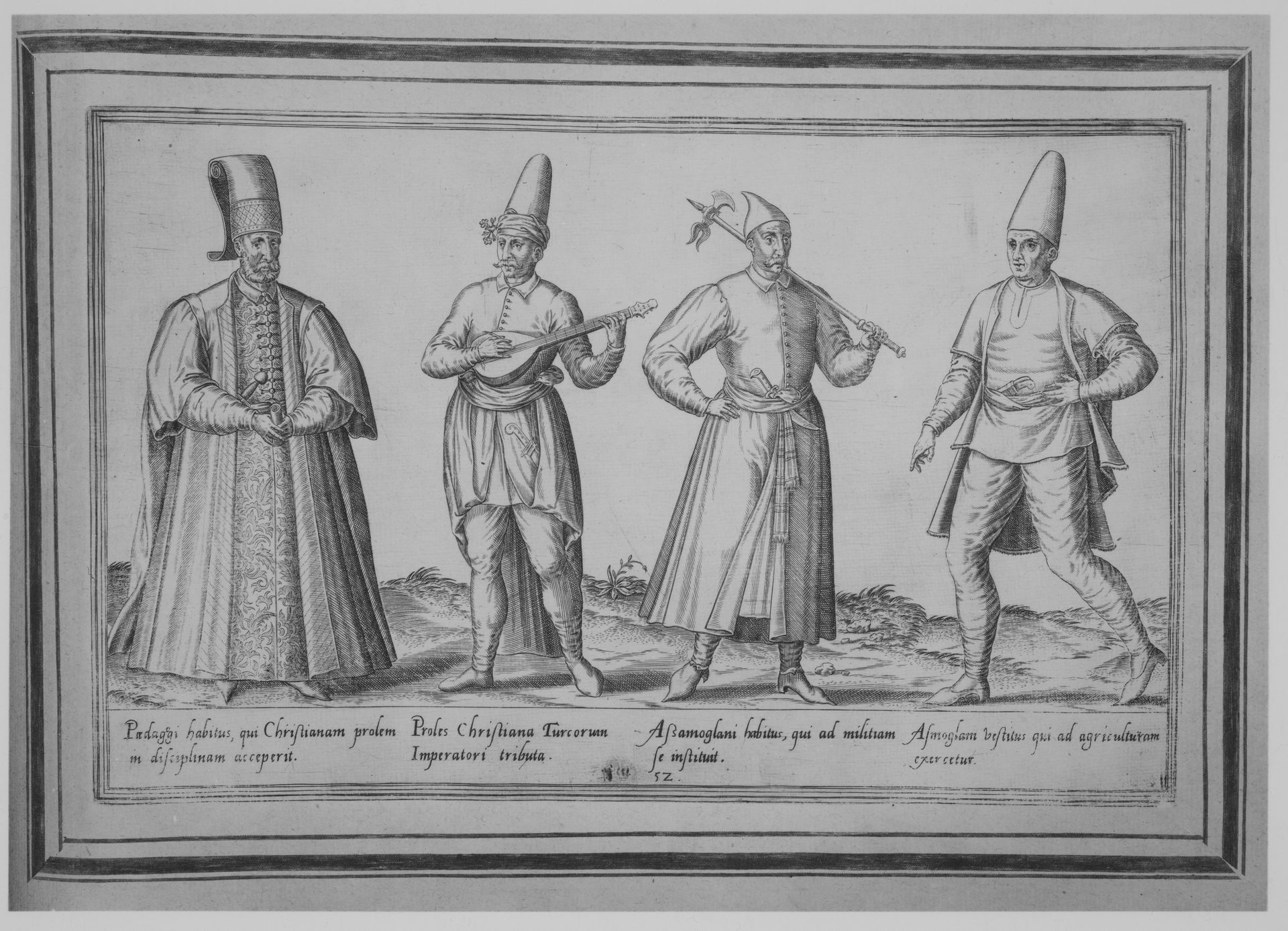 Paedagogi habitus, qui Christianam prolem in disceplinam acceperit; Proles Christiana Turcorum Imperatori tributa; Assamoglani habitus, qui ad militiam se instituit; Asmoglam vestituis qui ad agriculturam exercetur by Abraham de Bruyn