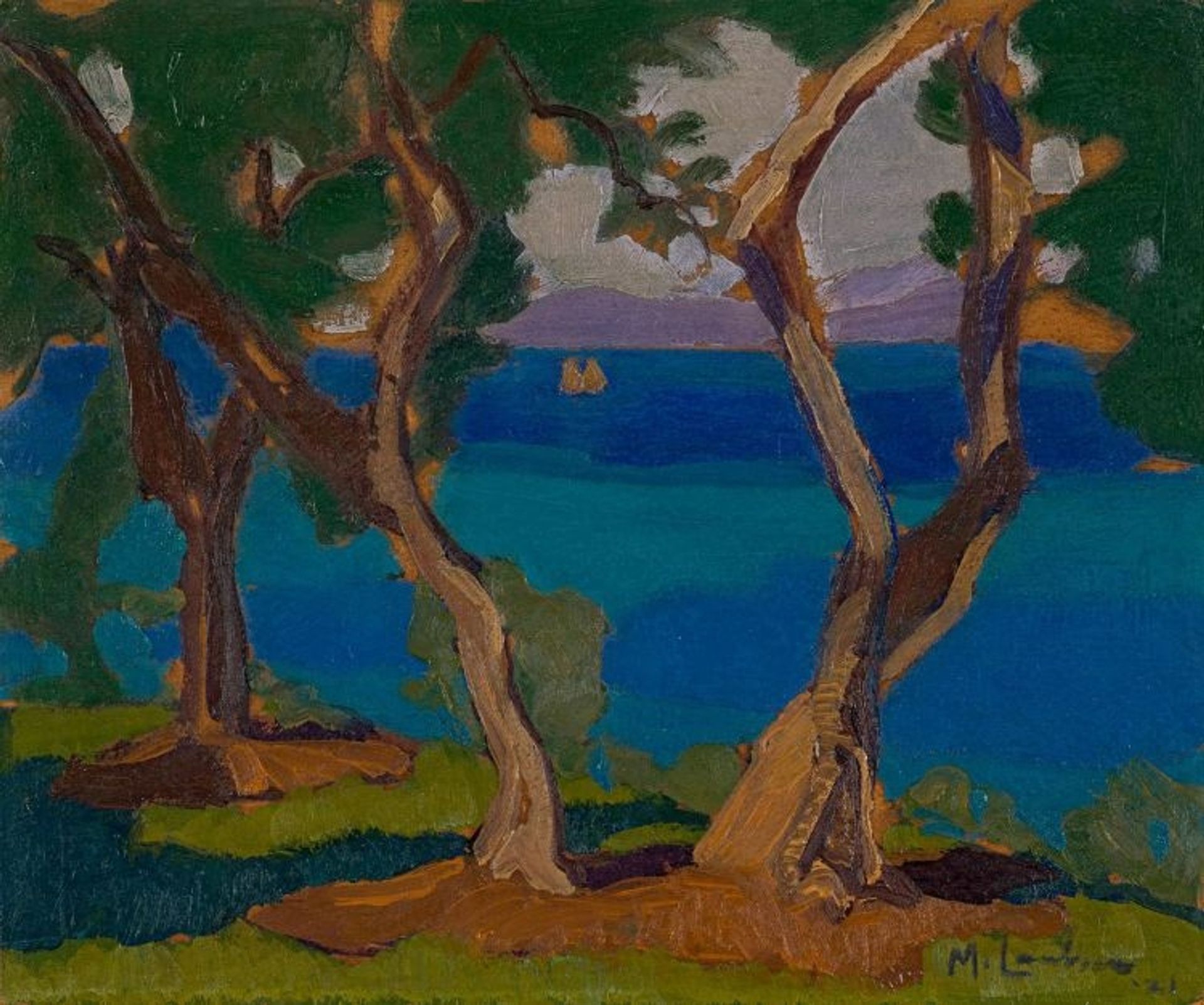 Trees at Lake with Boat by Maggie Laubser