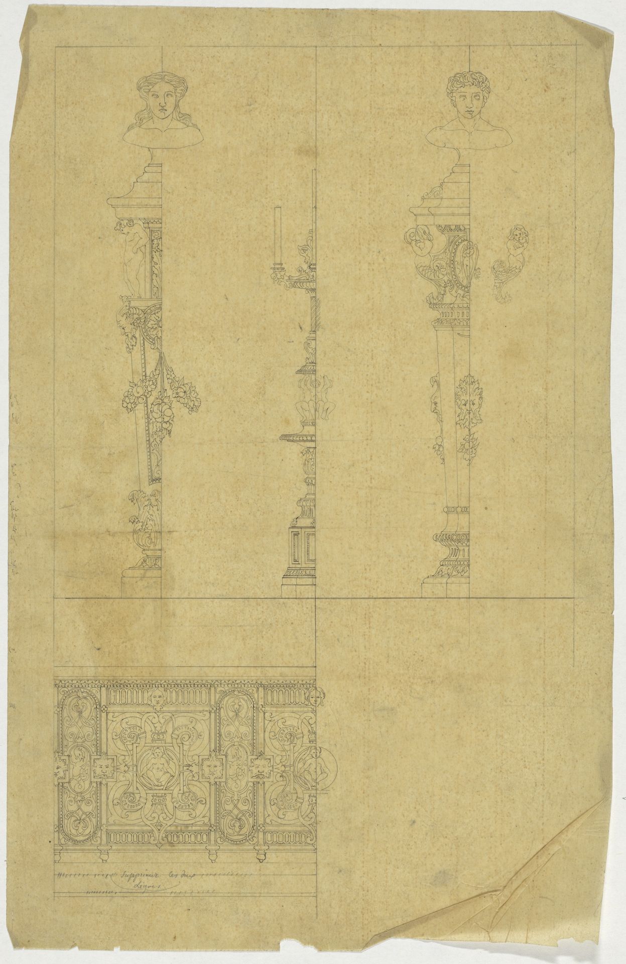 Sokkels, kandelaar en balkonhek by Firma Feuchère