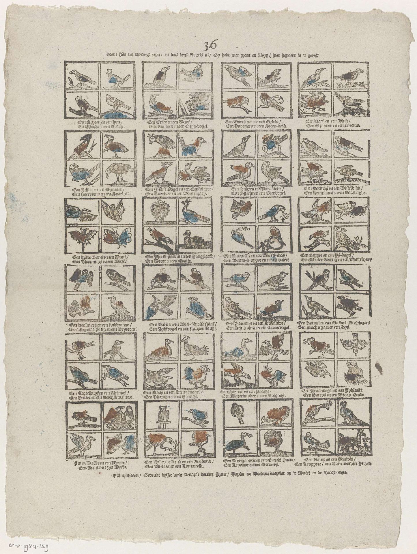 Komt hier nu kinders reyn / en lees dees vogels al / Gy hebt met groot en kleyn / hier hondert in 't getal by weduwe Hendrik van der Putte