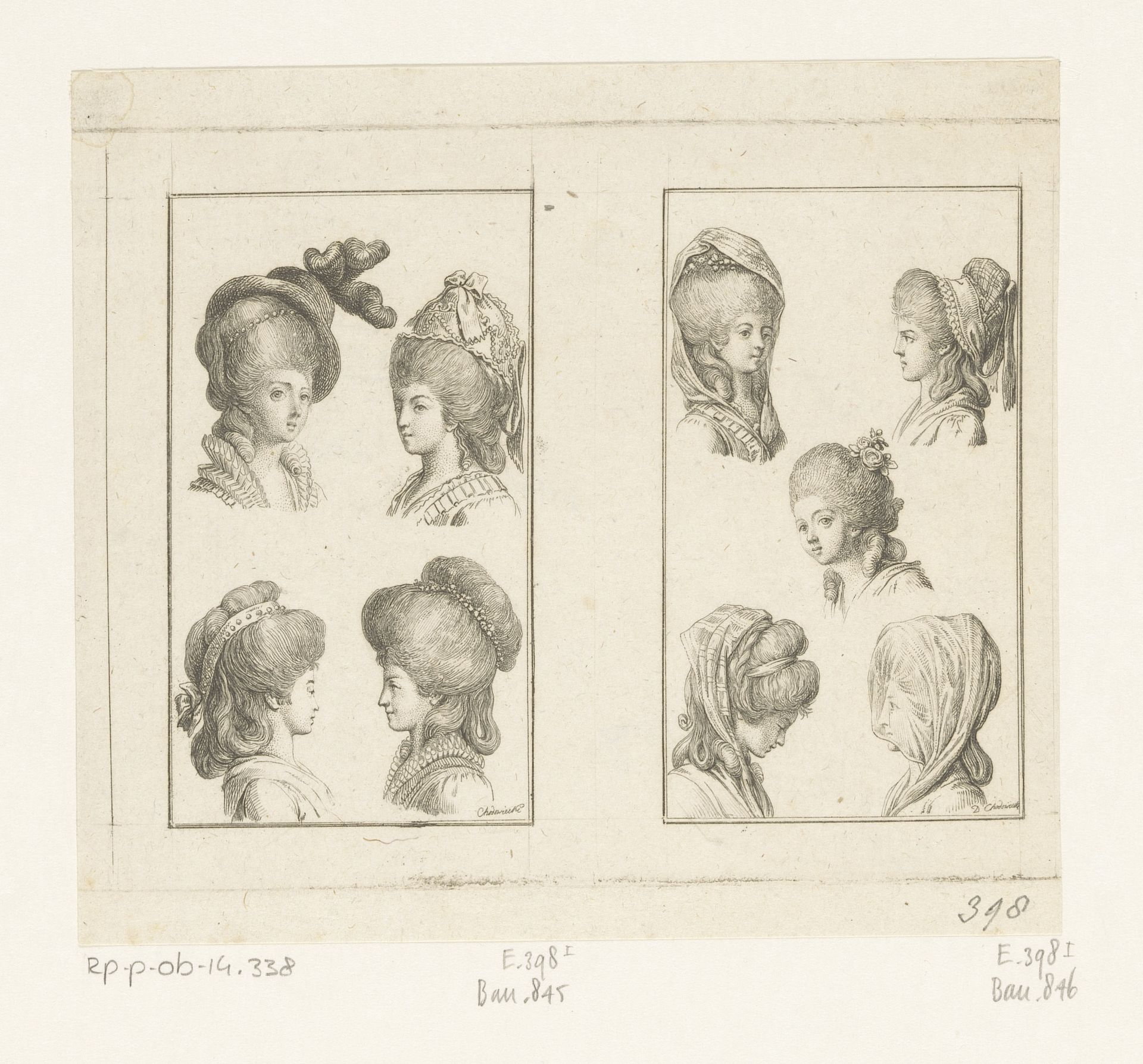 Twee voorstellingen met kapsels en hoofddeksels voor dames by Daniel Nikolaus Chodowiecki