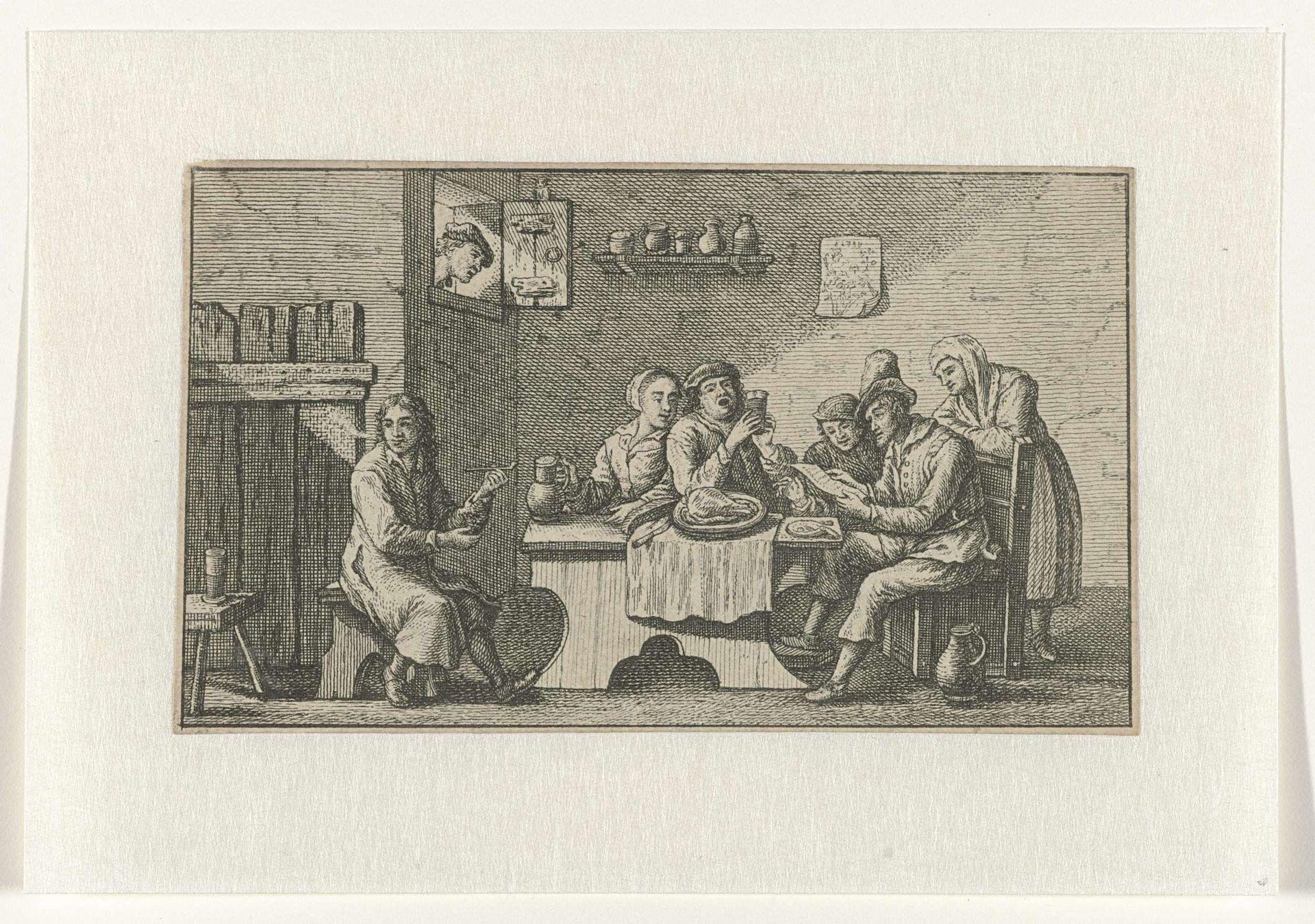 Zes lieden in een interieur by Anonymous