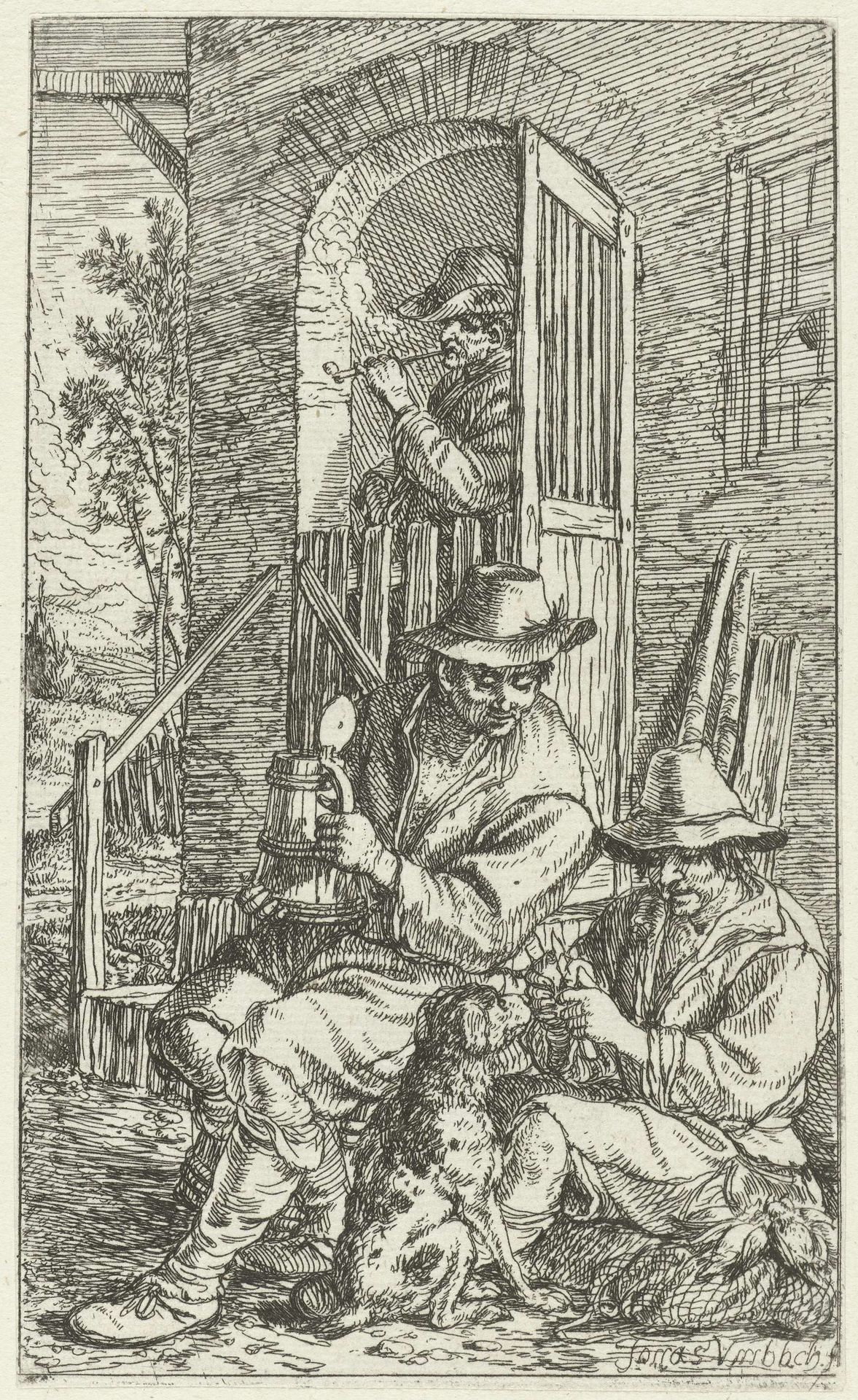Twee mannen voor een herberg met een hond by Jonas Umbach