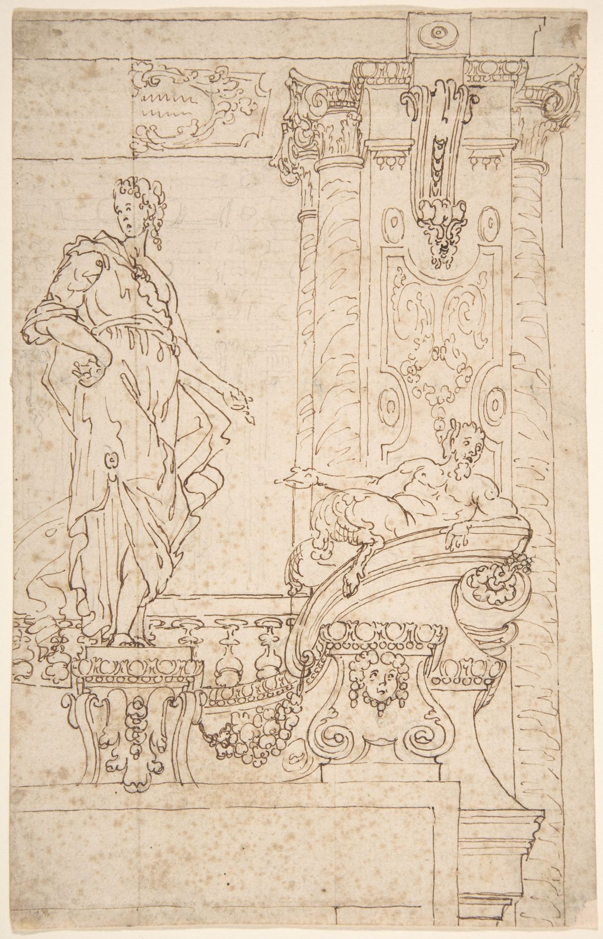 Sketch of Balcony and Pier (?) With Standing Female and a Reclining Satyr by Anonymous