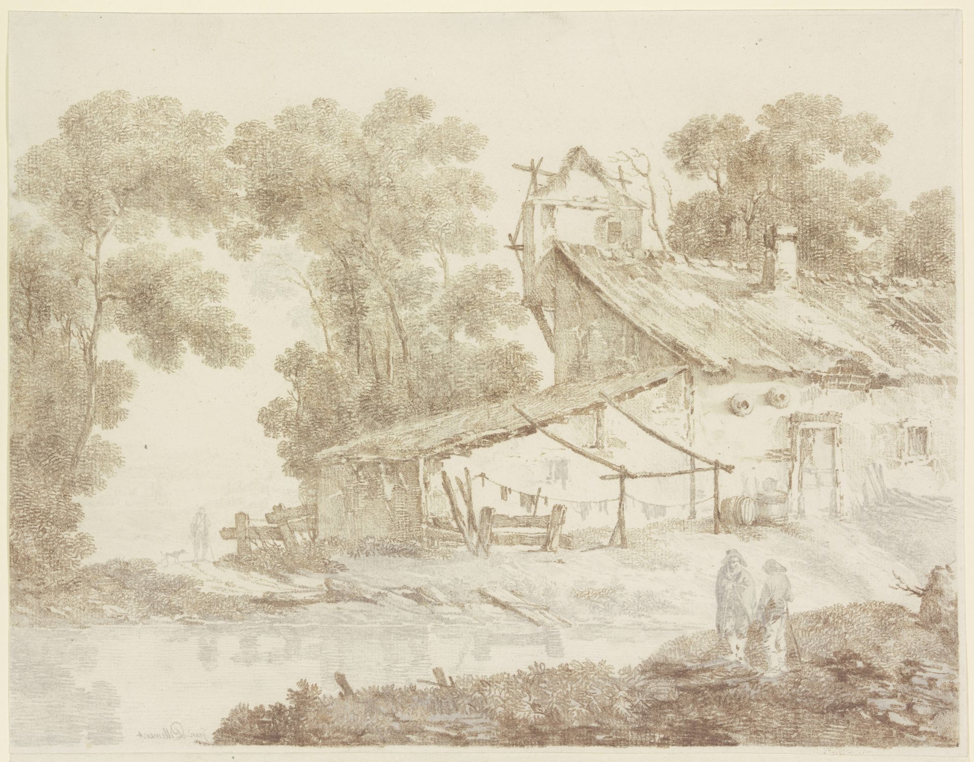 Ärmliches Bauernhaus an einem Gewässer, mit aufgehängter Wäsche by Jean Pillement