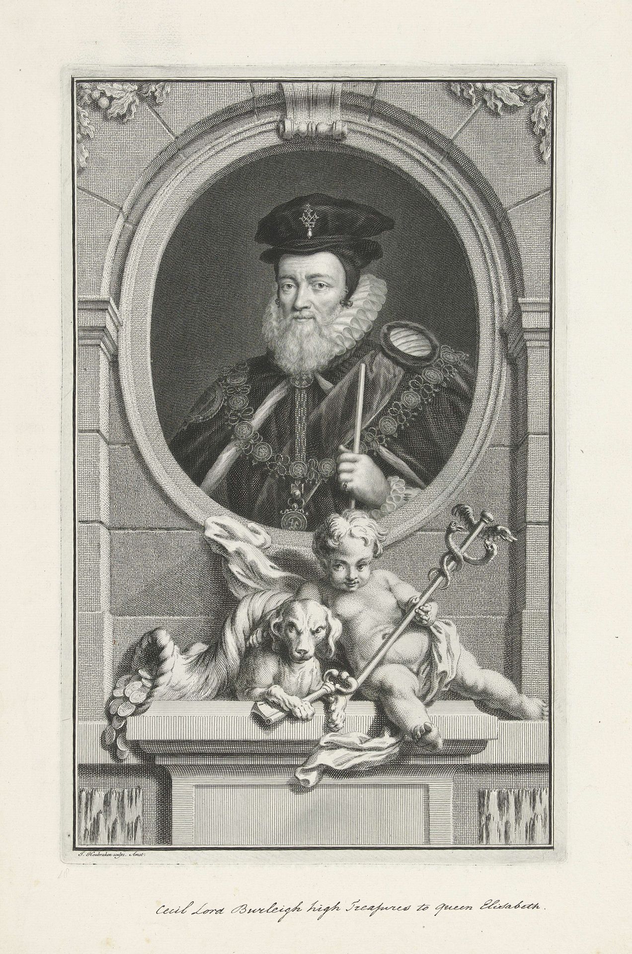 Portret van William Cecil, lord Burghley by Jacob Houbraken