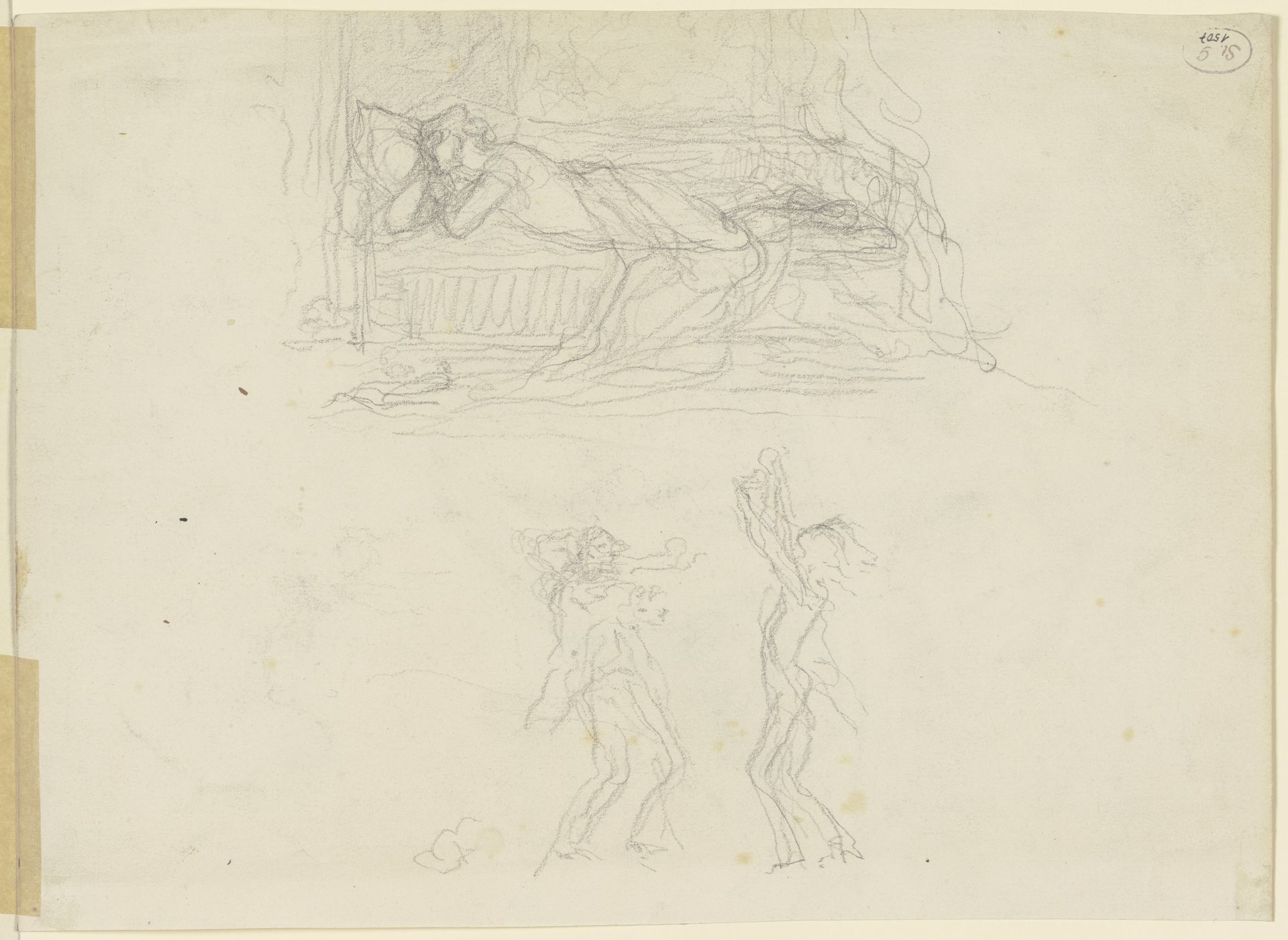 Frau, mit aufgestütztem Kopf bäuchlings auf einem Bett liegend, darunter zwei tanzende Gestalten by Victor Müller