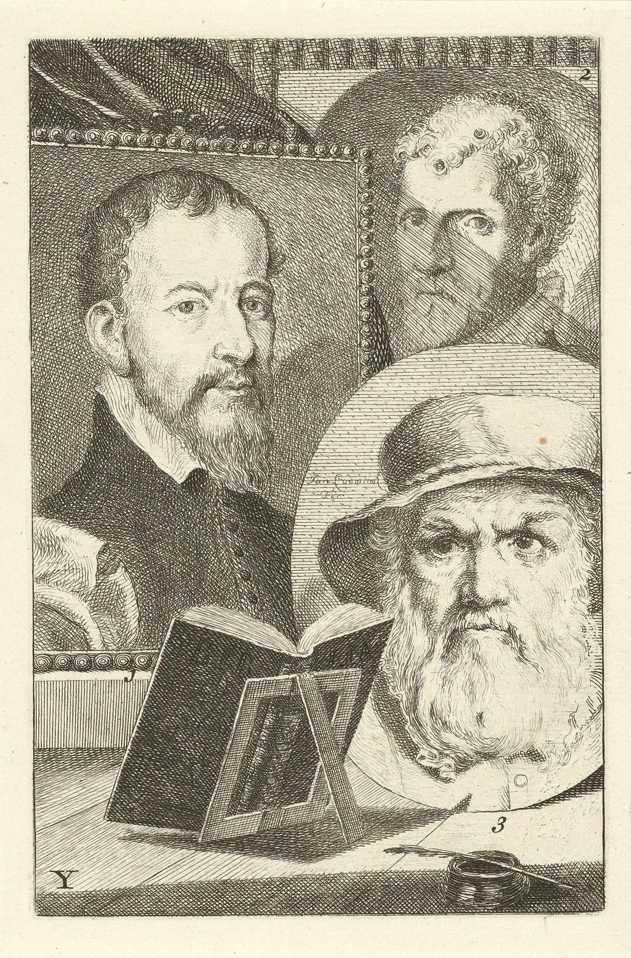 Portretten van Josse van Liere, Cornelis Cort en Dirck Volckertsz. Coornhert by Jan l' Admiral
