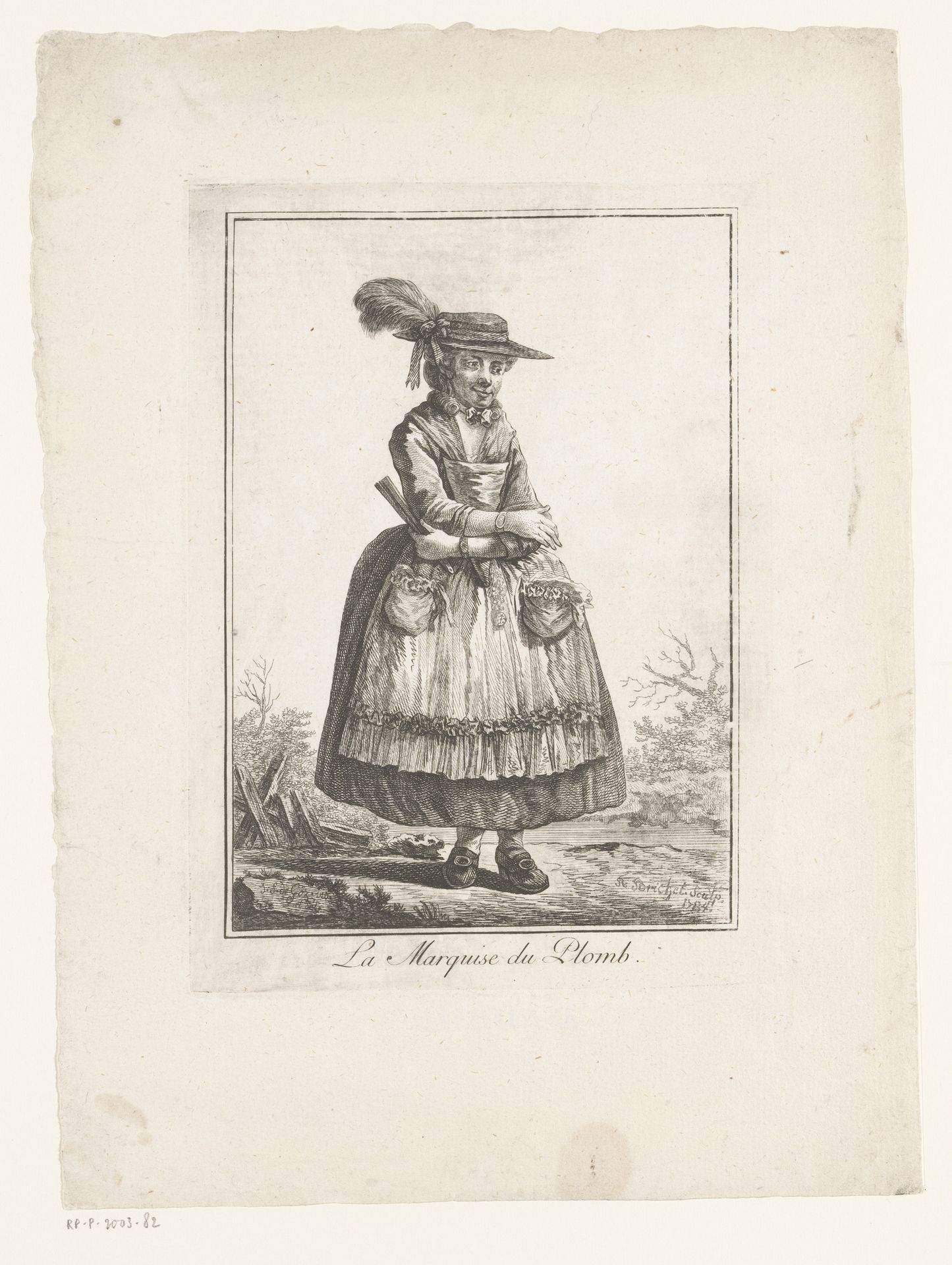 Staande vrouw met een waaier en schort in een landschap by Robert Brichet