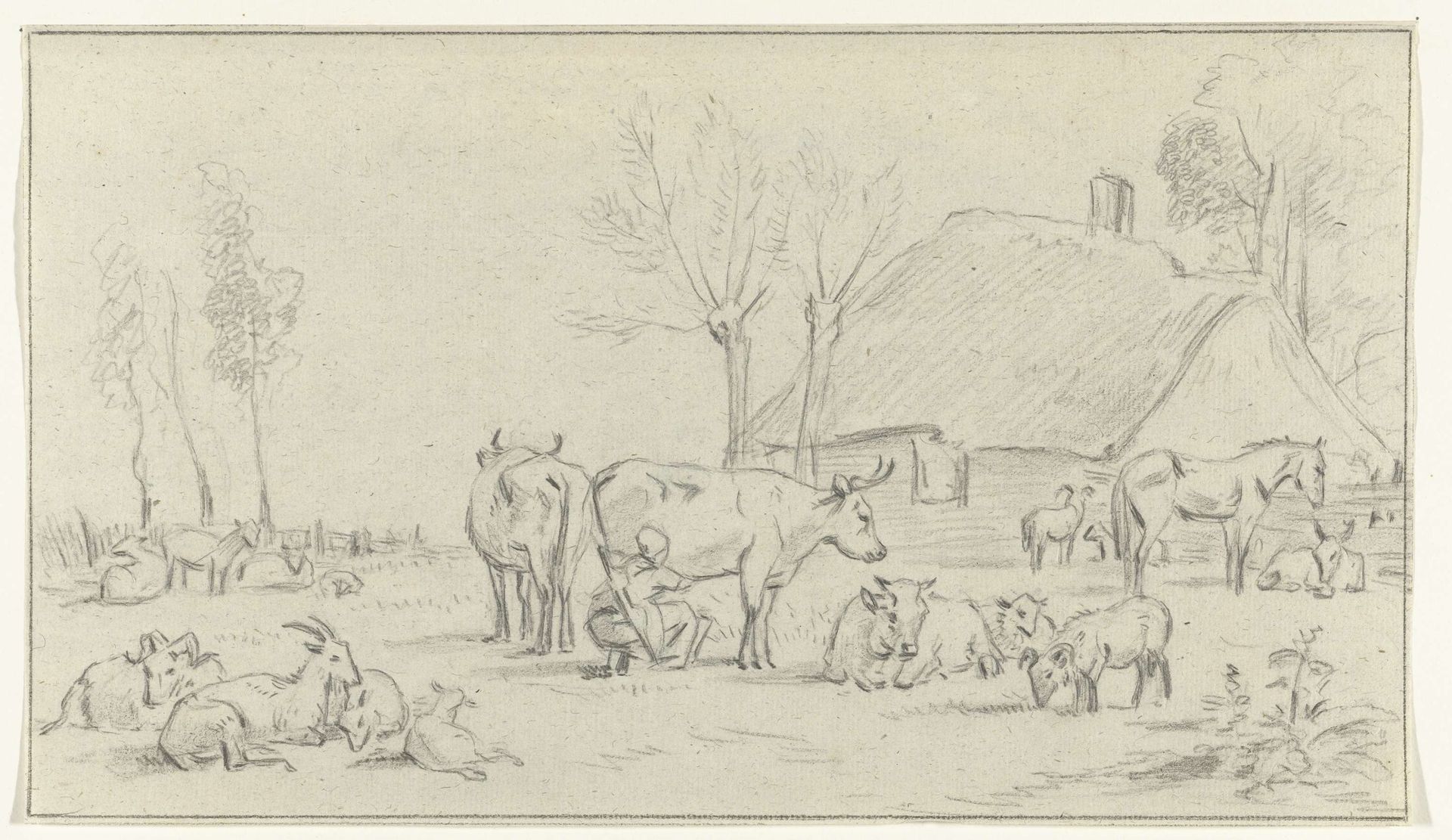 Boerenerf met vee en melkende vrouw by Jean Bernard