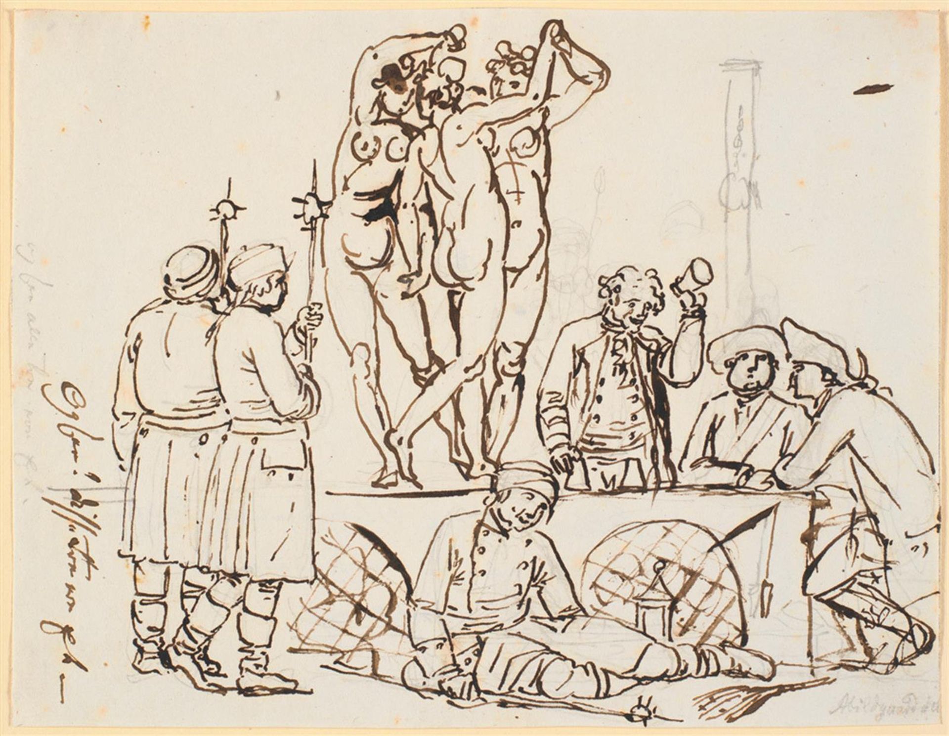 Satire over at politiet og tallotteriet havde bolig på Charlottenborg sammen med Kunstakademiet. Folk fra tallotteriet og vægtere ses sammen med de tre gratier by Nicolai Abildgaard