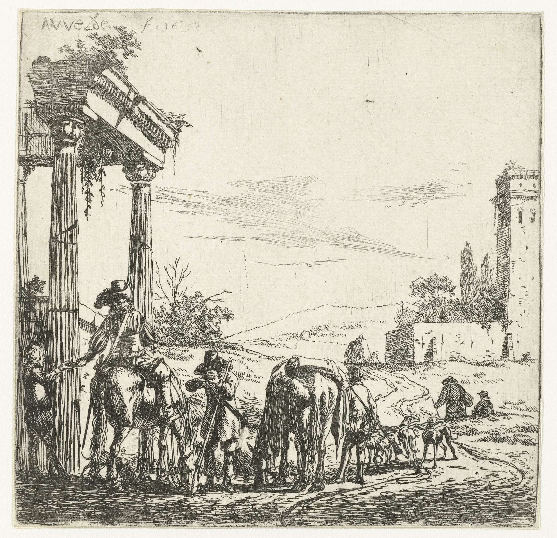 Rustende jagers bij een ruïne by Adriaen van de Velde