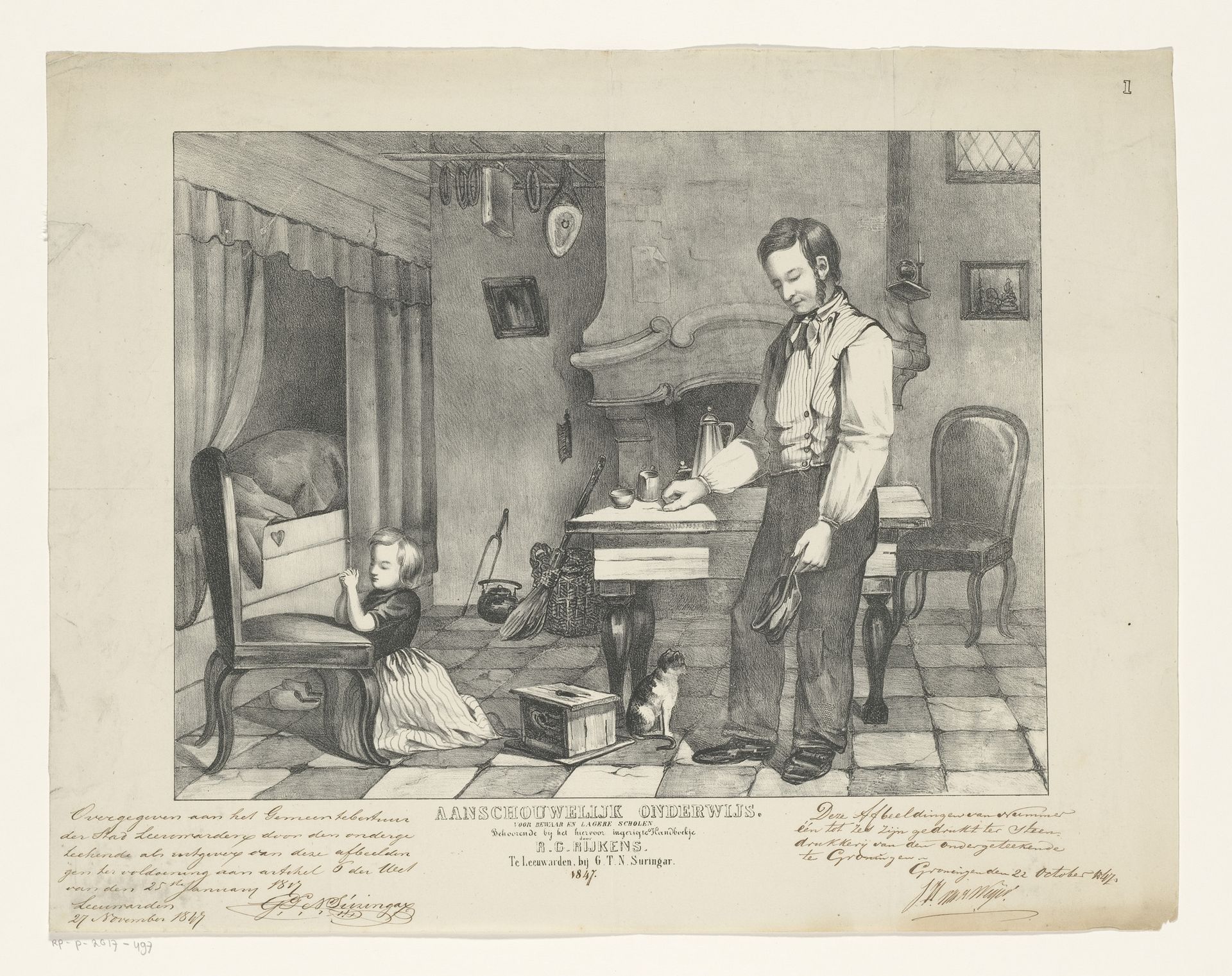 Interieur met vader en dochter in gebed by Anonymous