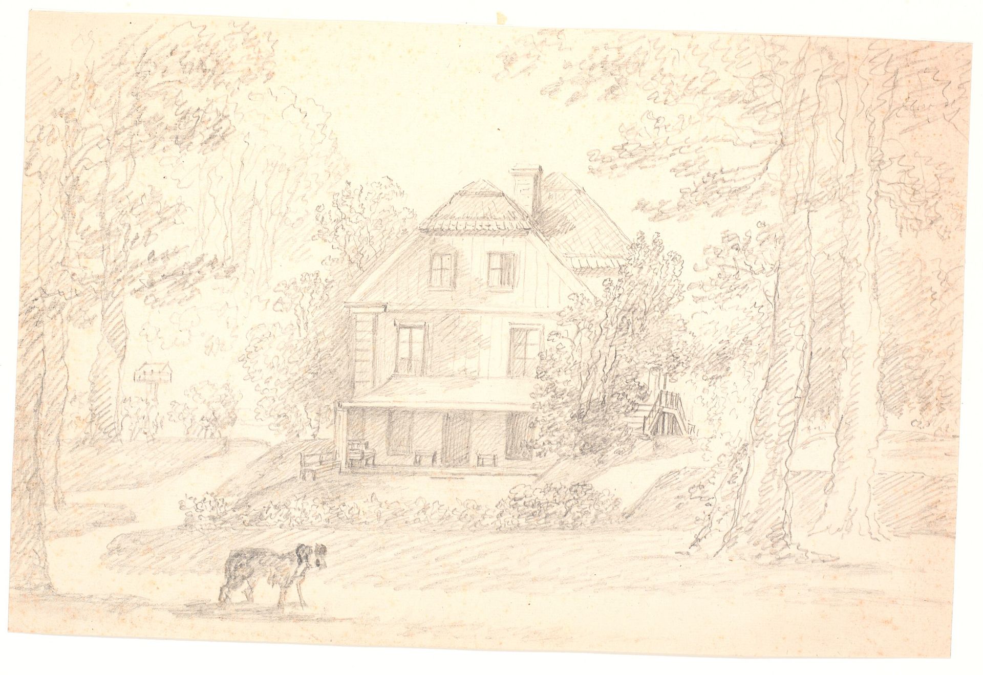 En villa med dobbelttrappe set fra gavlen, beliggende i en park. Sølyst, Klampenborg by C.A. Lorentzen