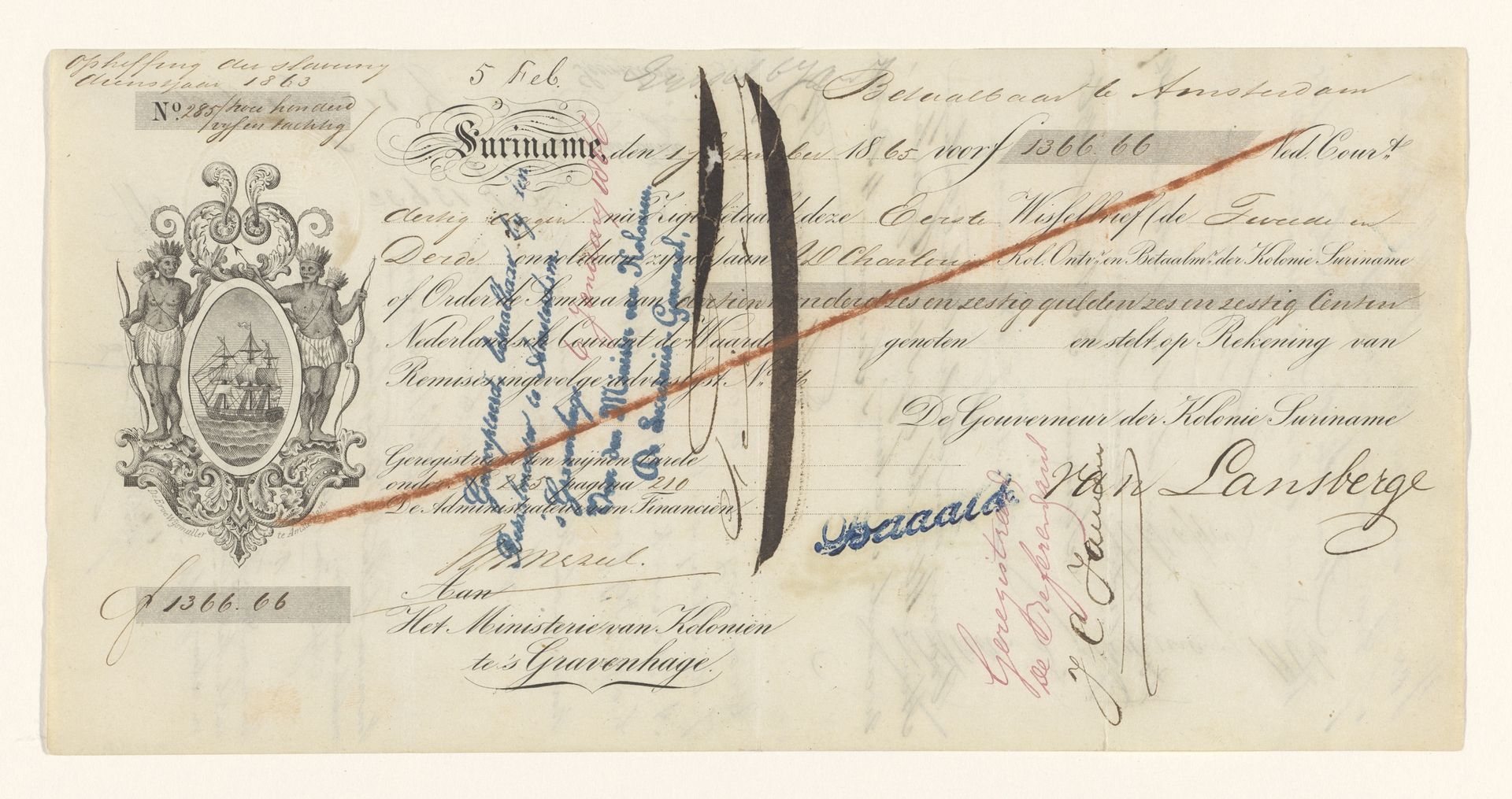 Wisselbrief voor slavenhouders in verband met schadeloosstelling afschaffing slavernij 1863 by Ministerie van Koloniën