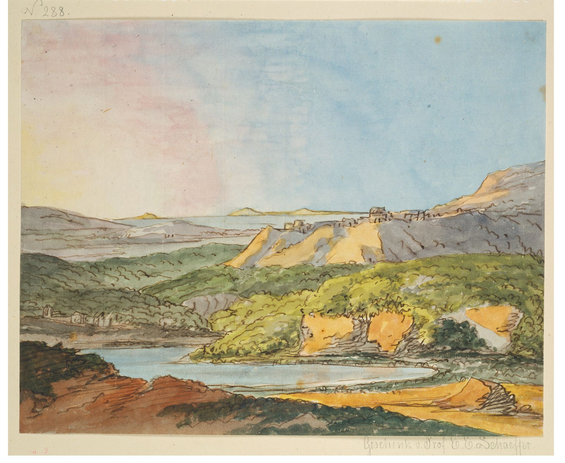 Südliche Landschaft am Meer mit bewaldeten Hügeln und einem Gewässer im Vordergrund by Johann Wolfgang von Goethe