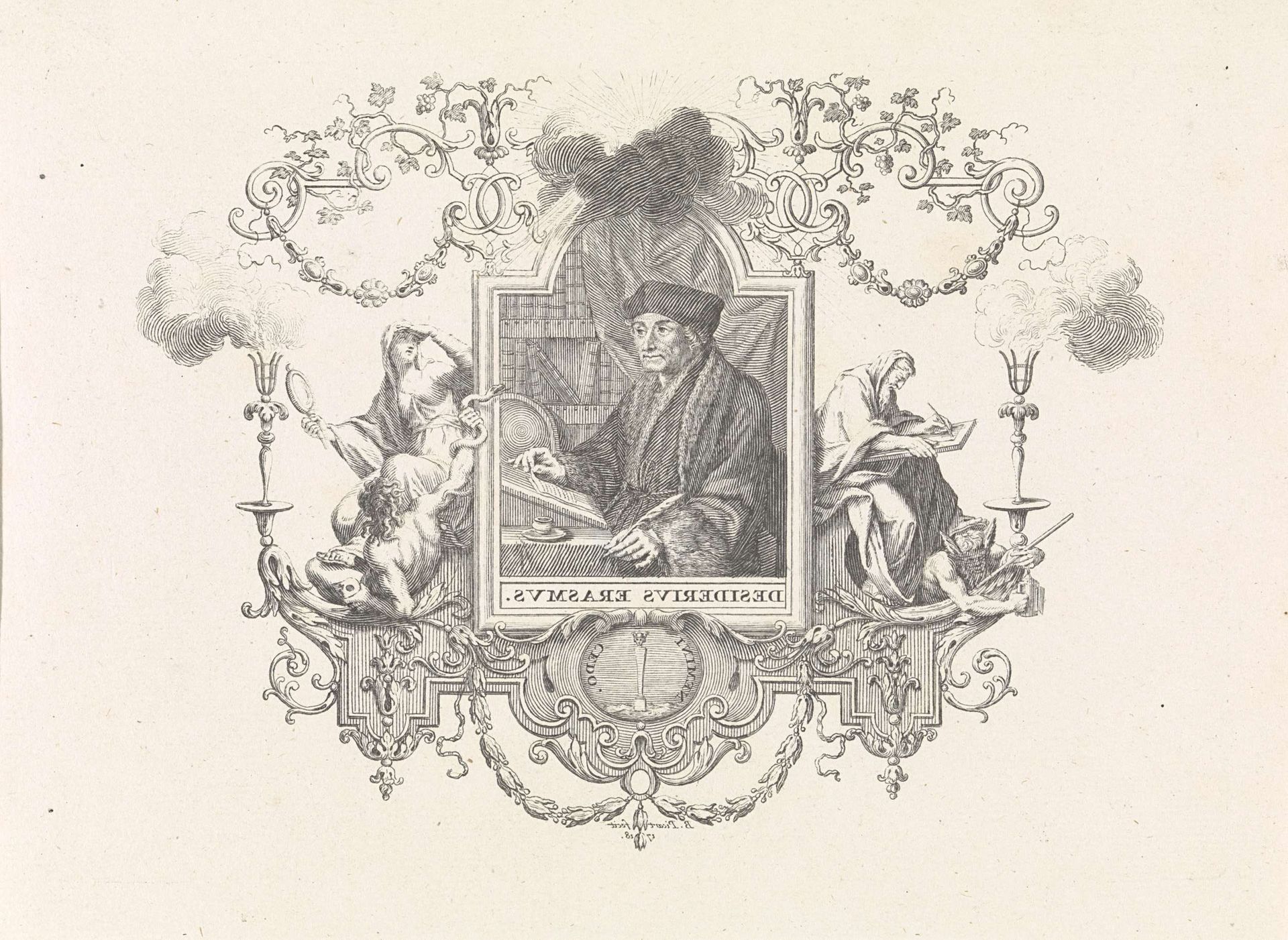 Portret van Desiderius Erasmus in een allegorische omlijsting by Bernard Picart