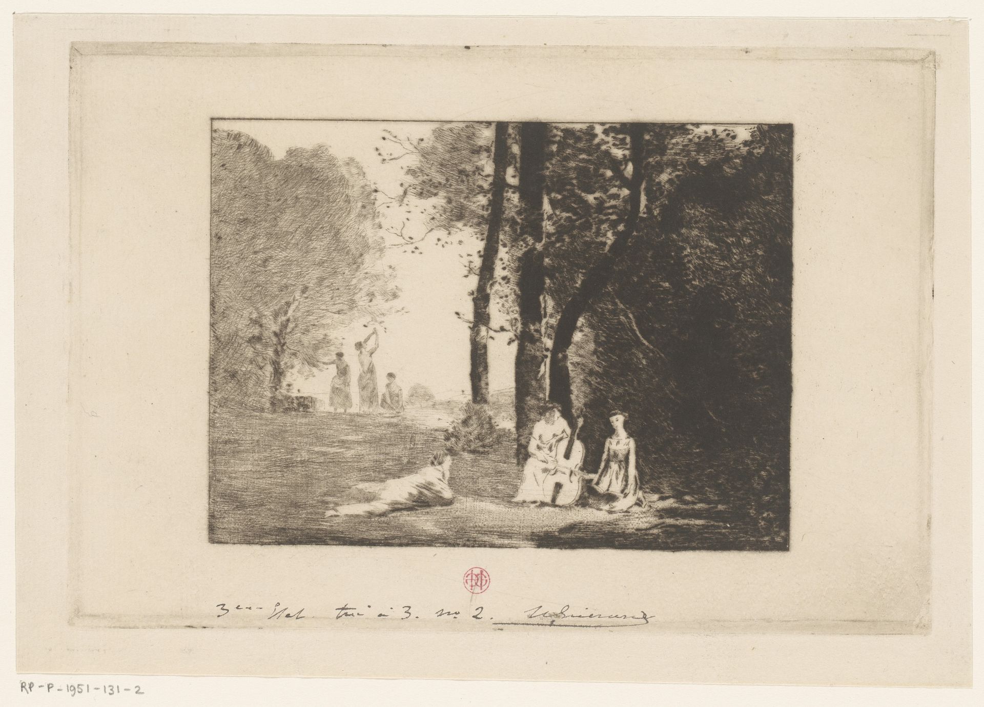 Musicerende vrouwen onder een boom by Henri-Charles Guérard