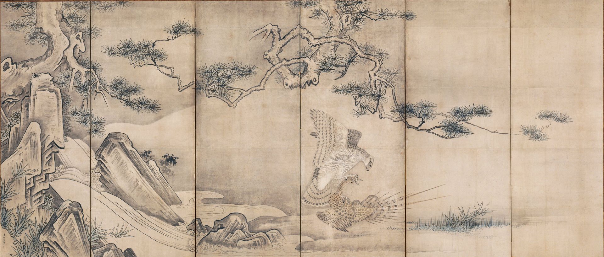 Hawks by a Stream [left of a pair] by Soga Nichokuan