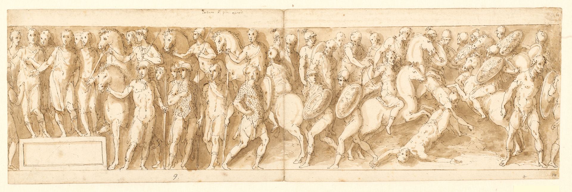 Marcus Aurelius receiving a report of the capture of the women (LXXXVI); Marcus Aurelius arrives from a march (LXXXVII); a German chief is taken away (LXXXVIII); the chief’s last men fall (from a bridge which Guerra has not reproduced) (LXXXIX) by Giovanni Guerra