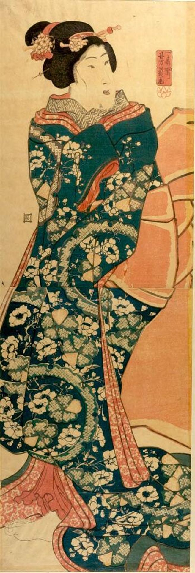 Woman in Blue and Green Kimono by Utagawa Yoshikazu