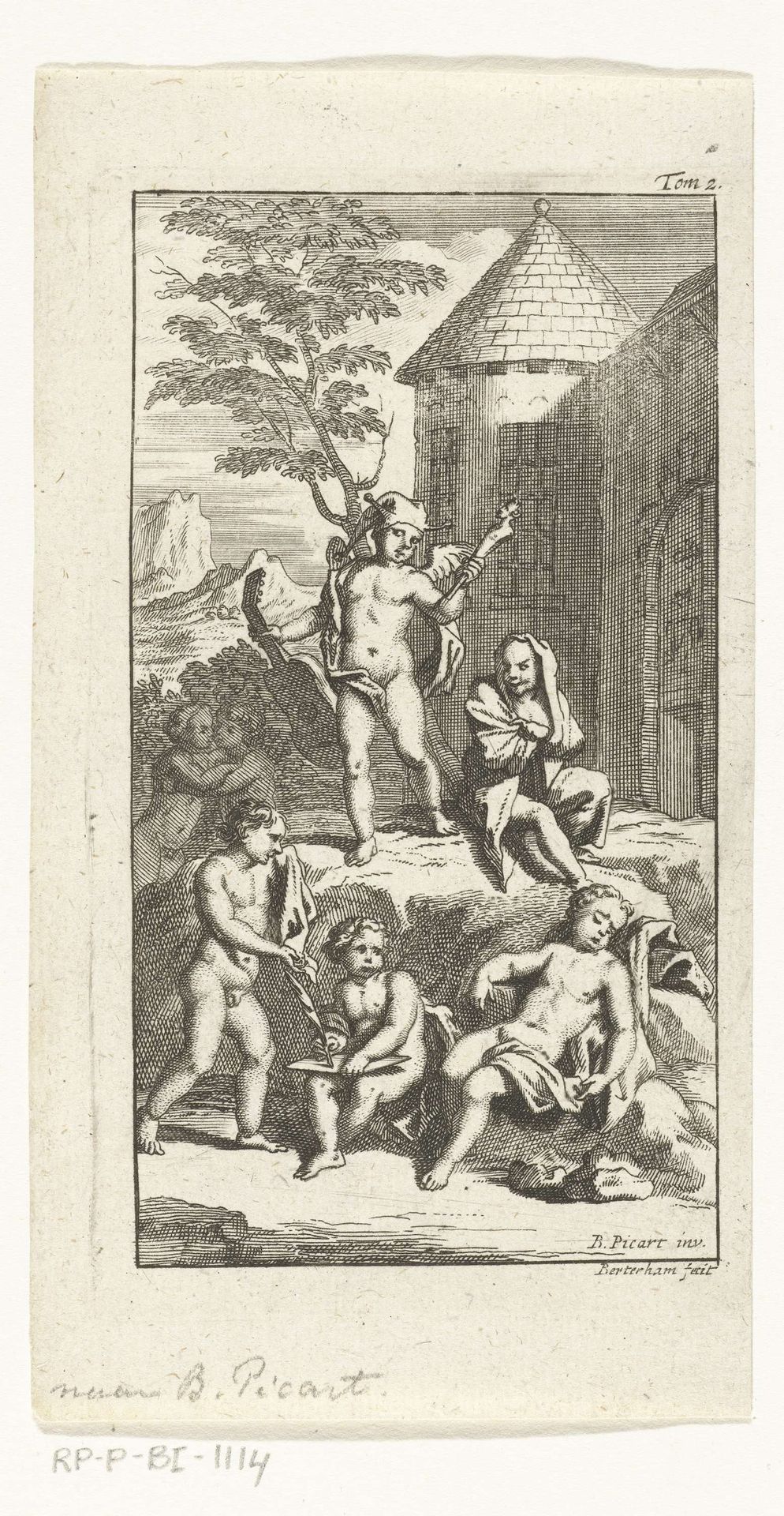 Groep naakte jongetjes waaronder jongen met narrekap en schrijvend en slapend kind by Jan Baptist Berterham