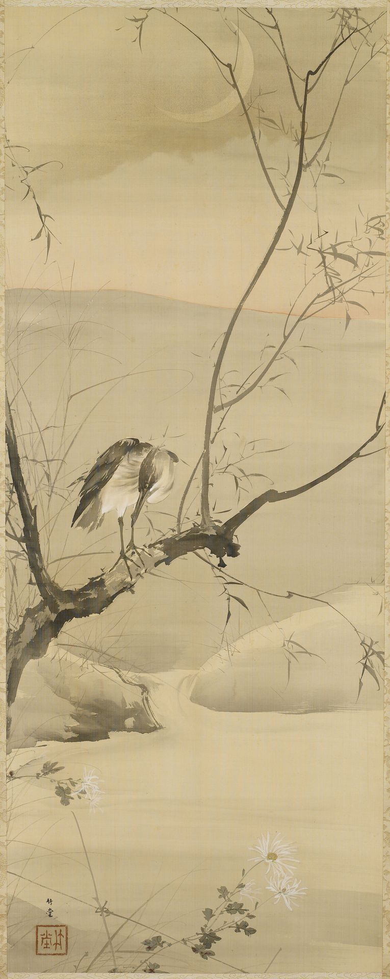 Egret on a Willow Branch by Kishi Chikudō