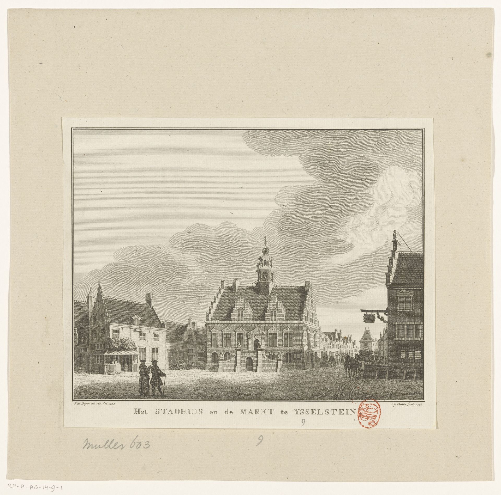 Gezicht op het Oude Stadhuis en de markt te Ysselstein by Jan Caspar Philips