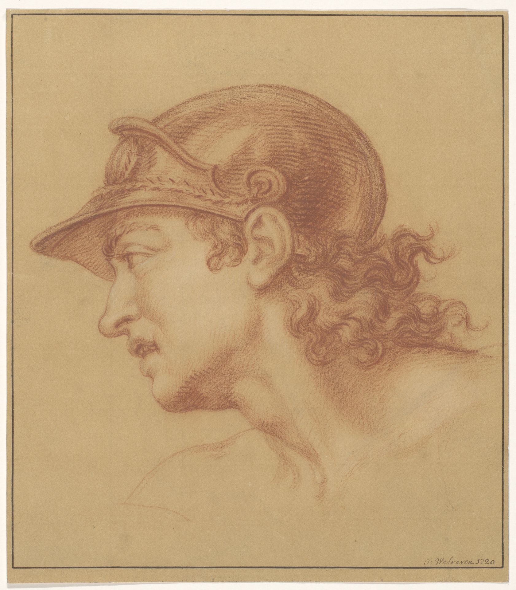 Studie van een man met helm en krullen by Isaac Walraven