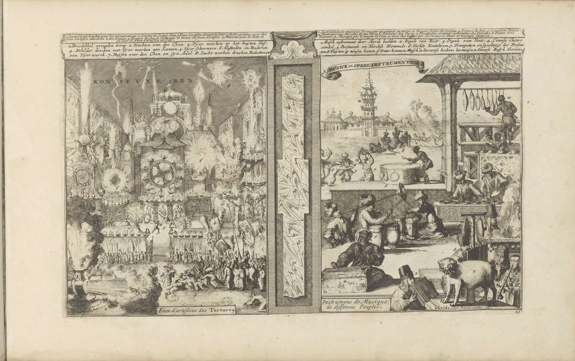 Vuurwerk en muziek by Romeyn de Hooghe
