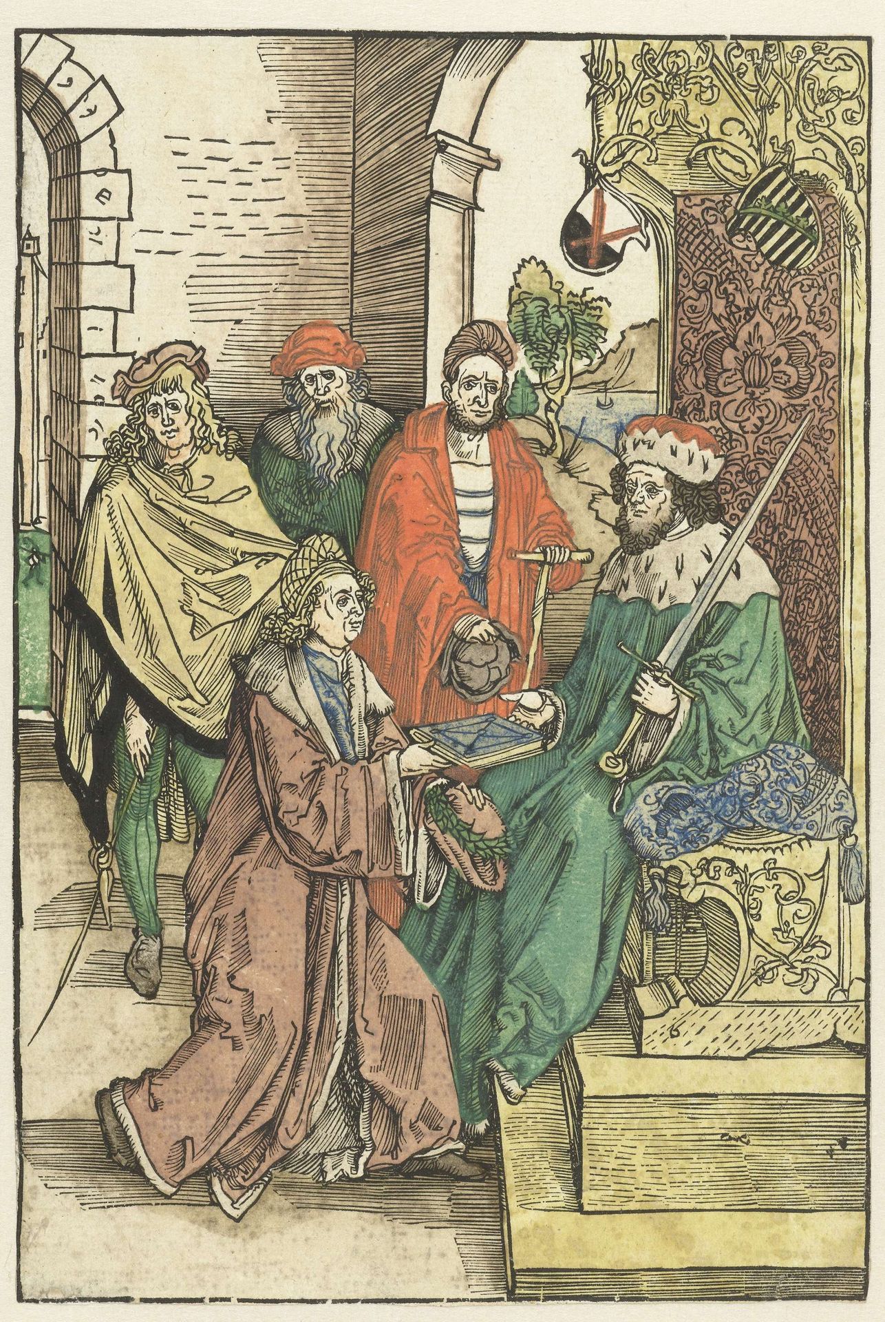 Conrad Celtis biedt Frederik III de Wijze, keurvorst van Saksen, een boek met het werk van Roswitha van Gandersheim aan by Albrecht Durer