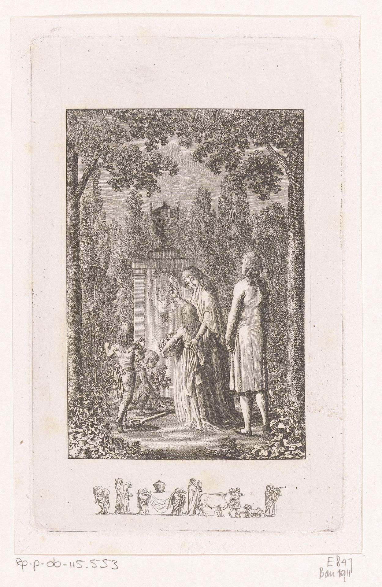 Kinderen leggen bloemen bij het graf van hun grootvader by Daniel Nikolaus Chodowiecki