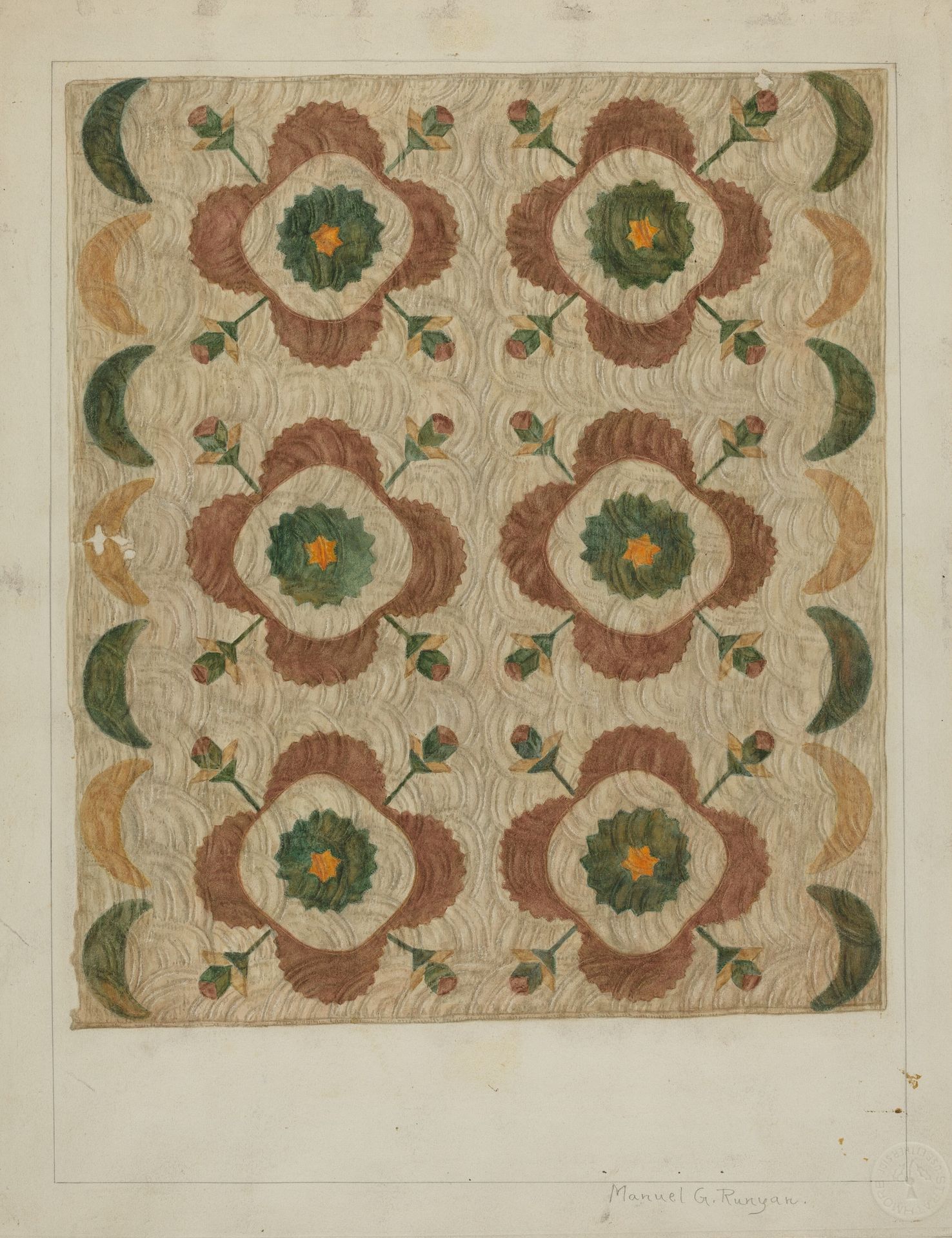Applique and Quilted Coverlet by Manuel G. Runyan
