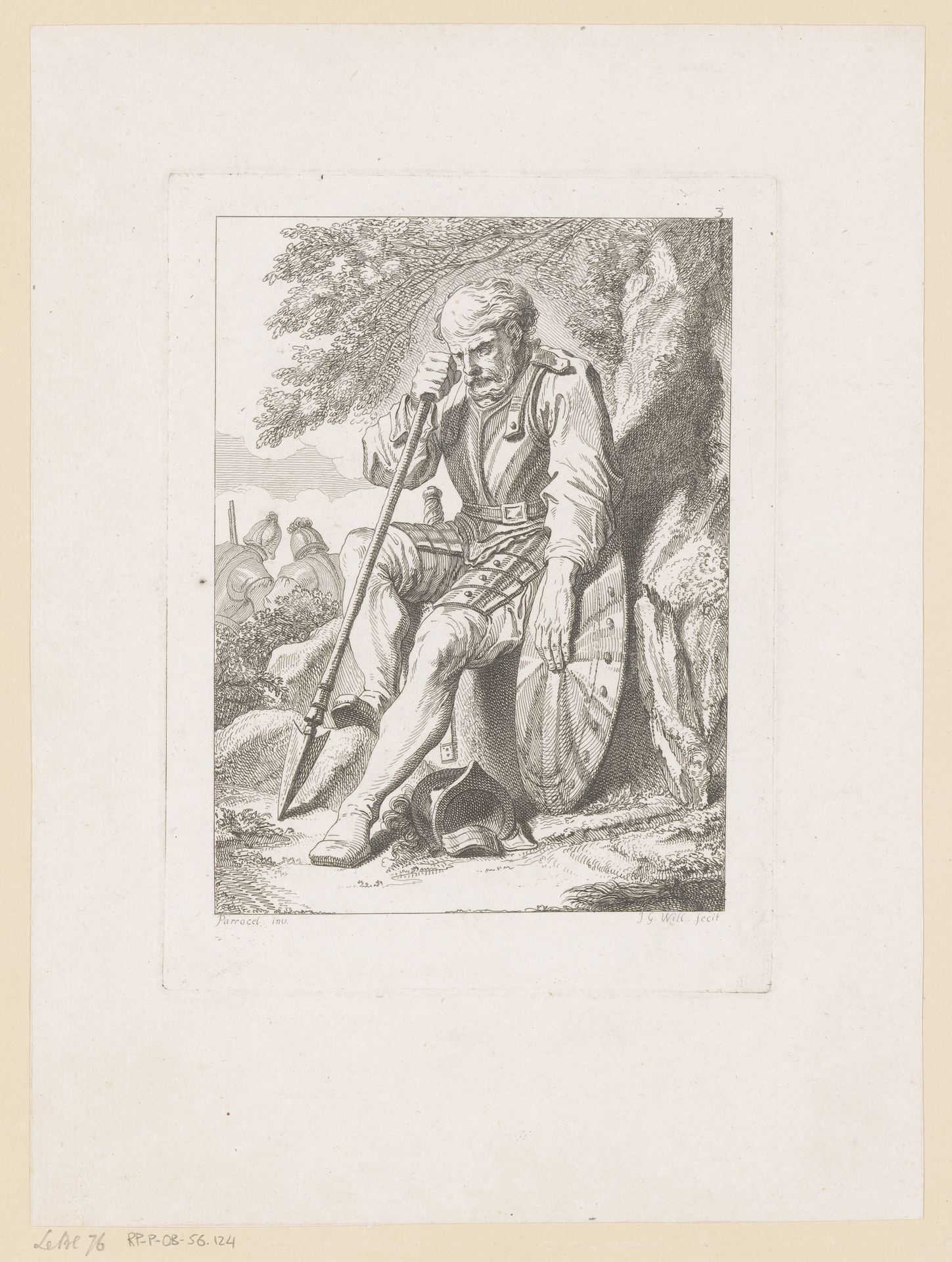 Soldaat gezeten op rotsblok met schild en lans by Johann Georg Wille