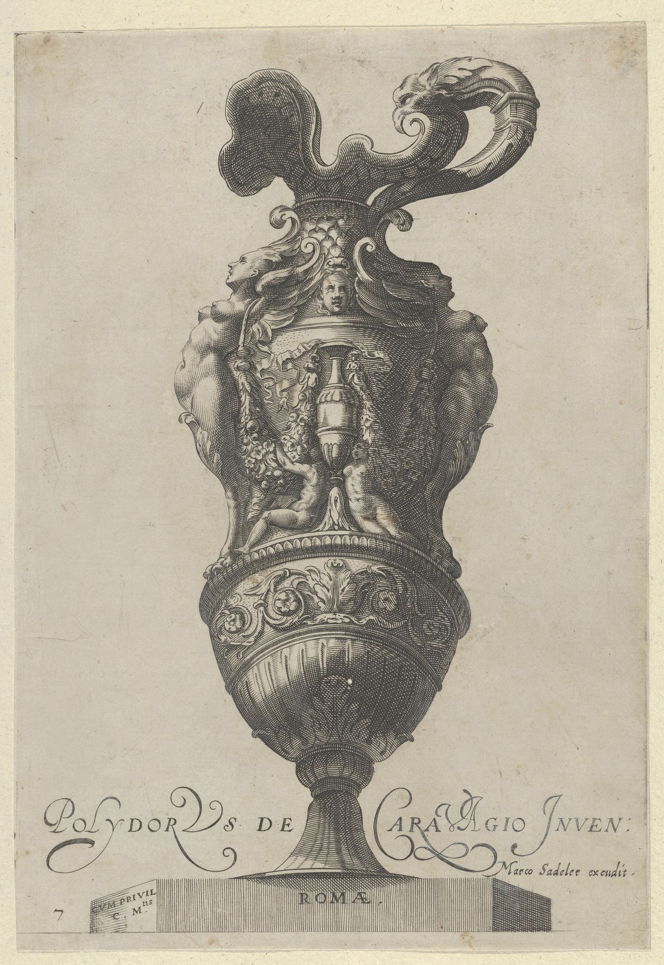 Plate 7: Vase or Ewer Decorated With a Vase Flanked by Putti and Two Large Female figures whose legs morph into griffin claws, from Antique Vases (Vasa a Polydoro Caravagino) by Aegidius Sadeler II