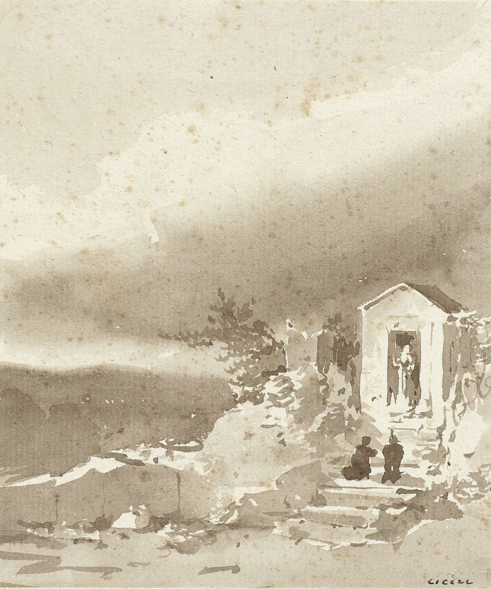 Twee knielende lieden op de trap voor een kapelletje in de bergen by Pierre Luc Charles Cicéri