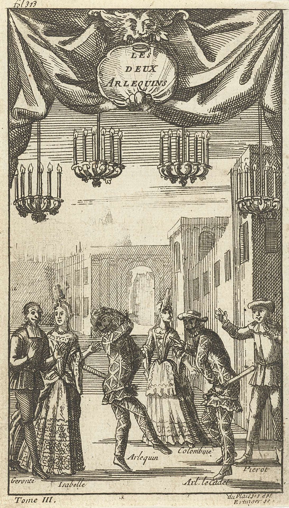 Titelpagina voor Les deux arlequins, in Le Théâtre Italien de Gherardi, Parijs 1700. by Franz Ertinger