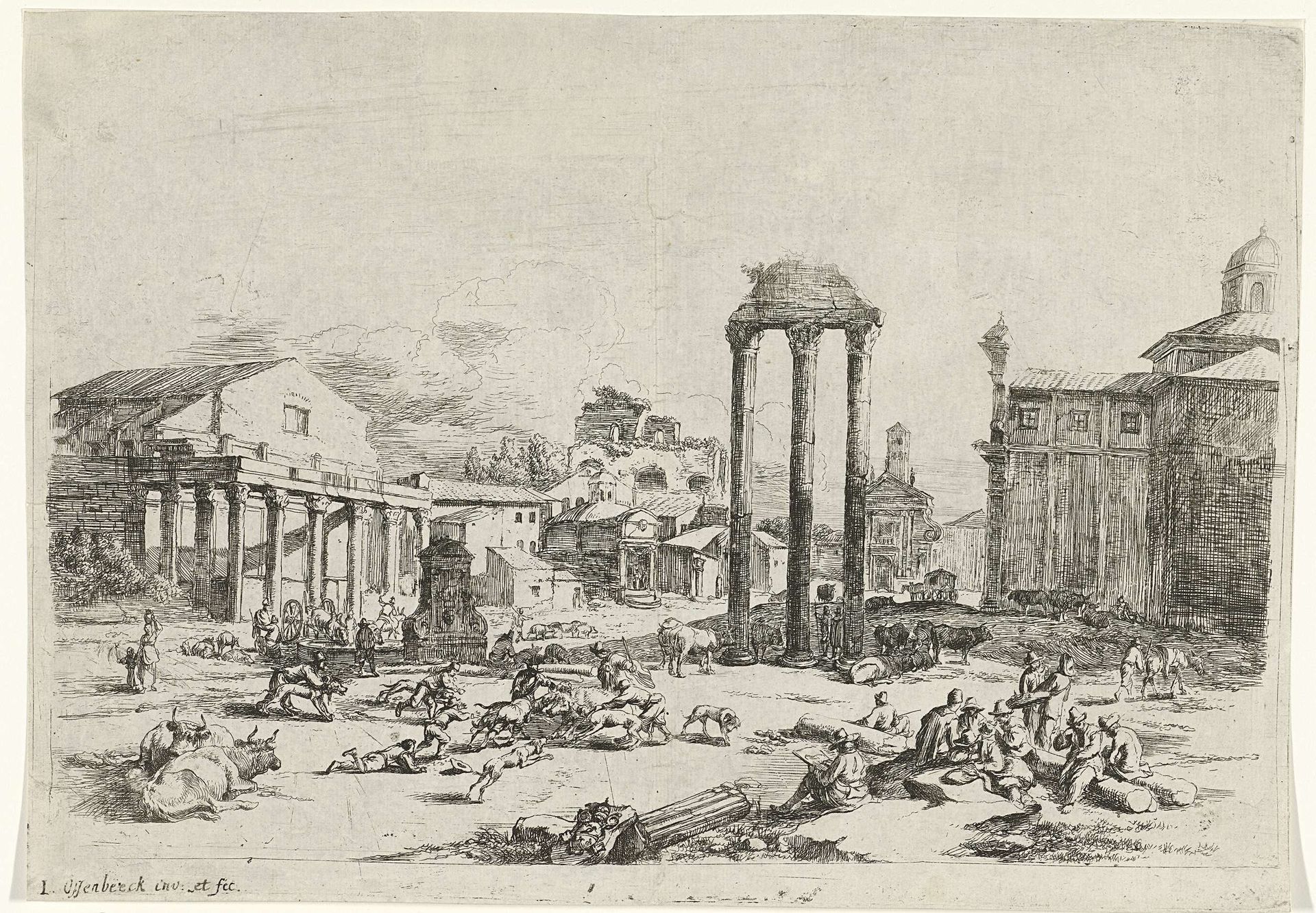 Veemarkt op de Campo Vaccino te Rome by Jan van Ossenbeeck