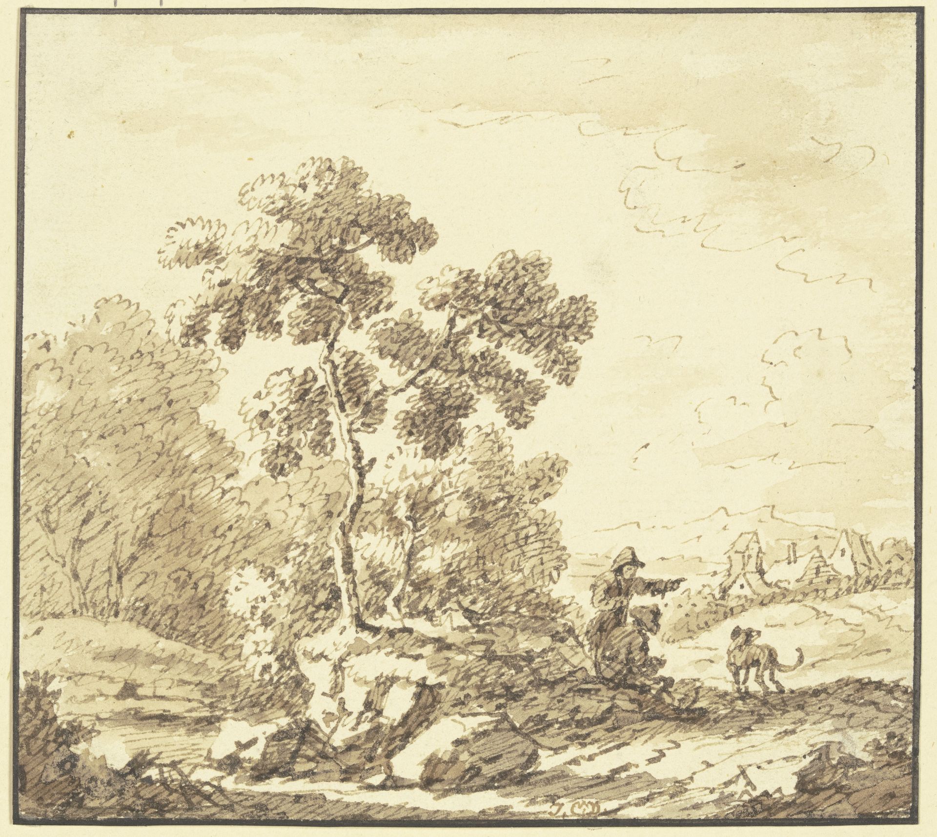 Waldrand, rechts Ausblick auf ein Dorf, am Weg ein stehender und ein sitzender Mann mit einem Hund by Johann Christoph Dietzsch